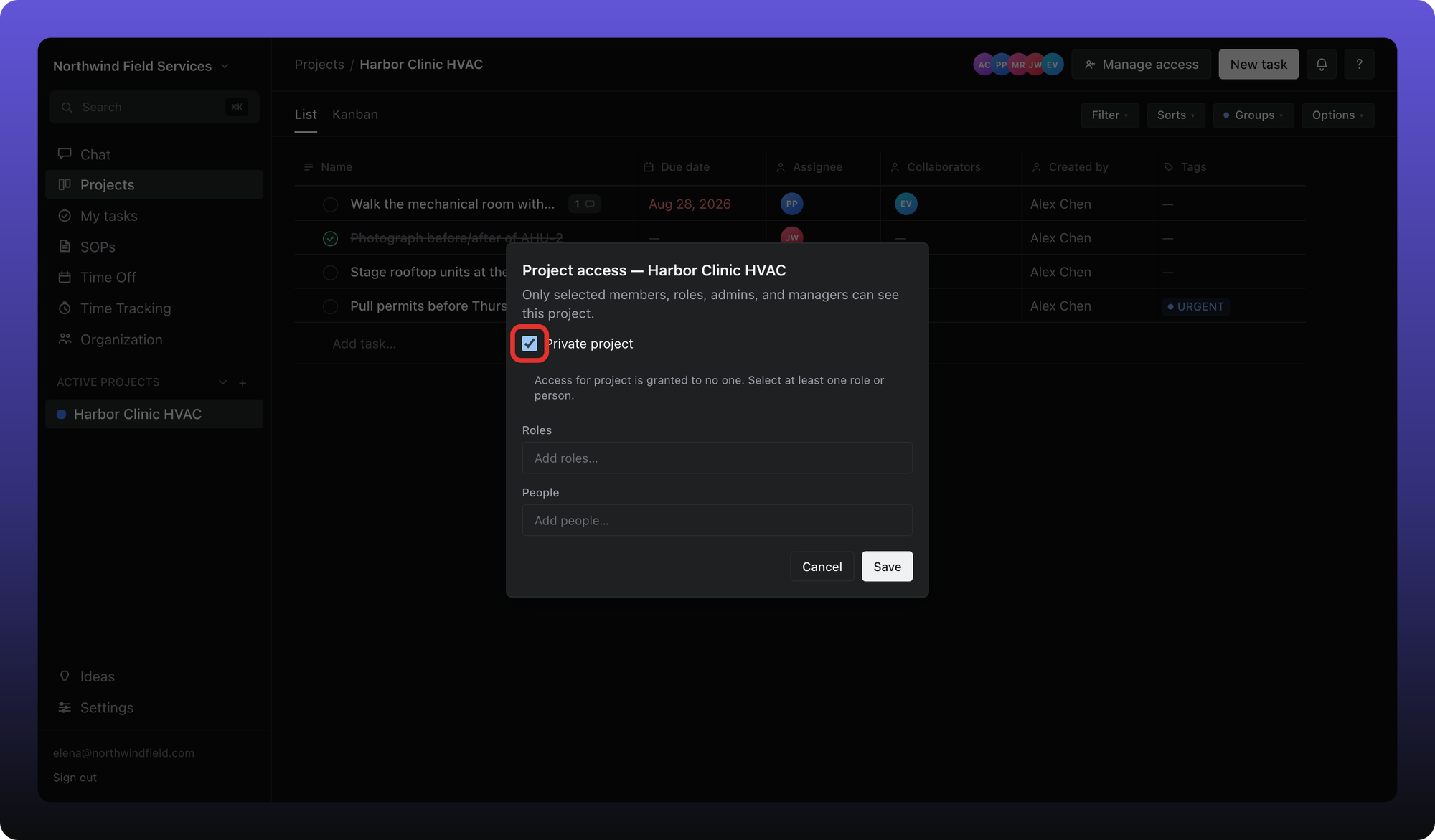 Project access dialog with Private project checked and member pickers shown