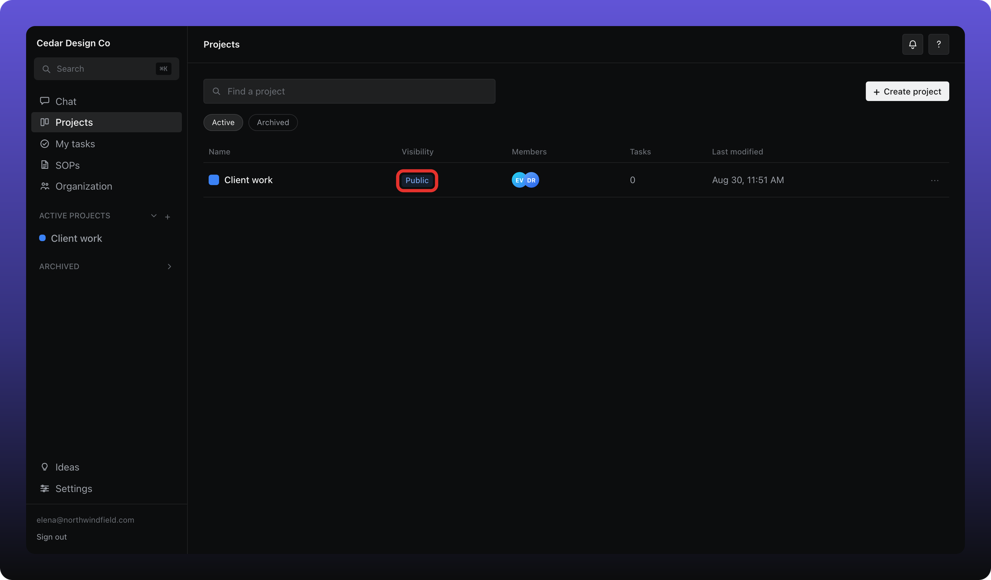 Browse projects table with the Public visibility pill outlined on Client work