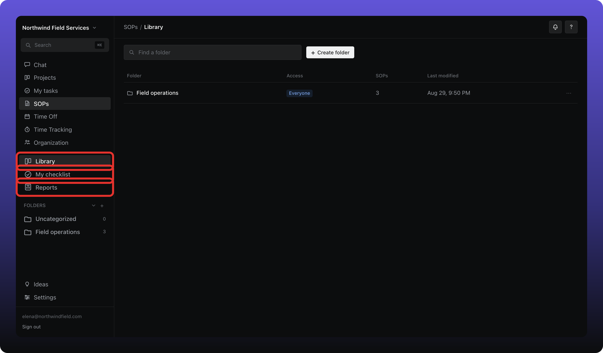 SOPs sidebar with Library, My checklist, and Reports outlined