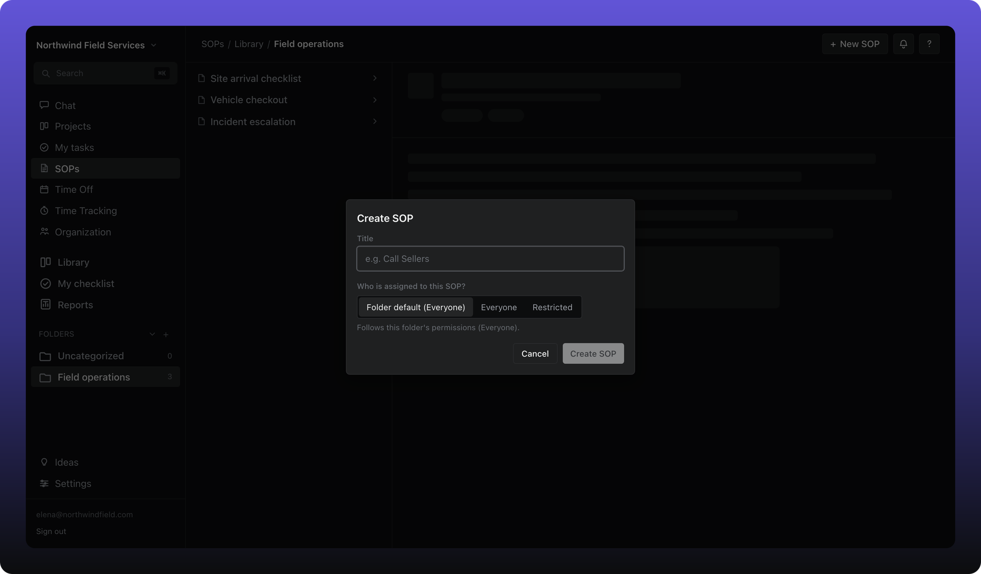 New SOP dialog with title field and access options