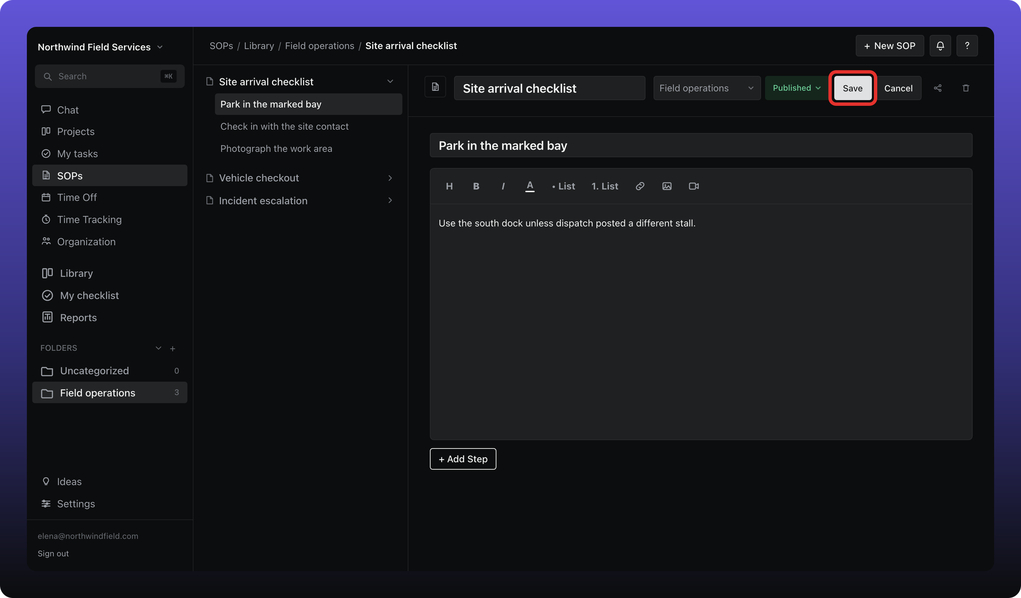 SOP edit mode with title, steps, and Save button visible