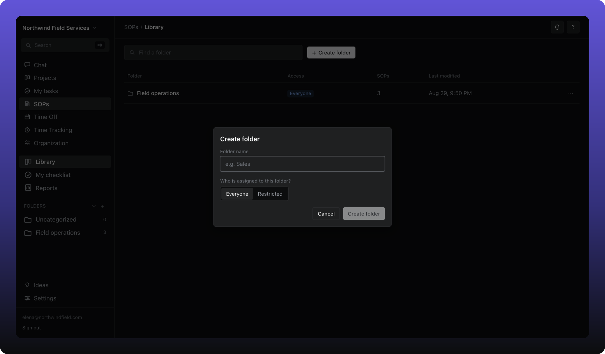 Create folder dialog with name and access options