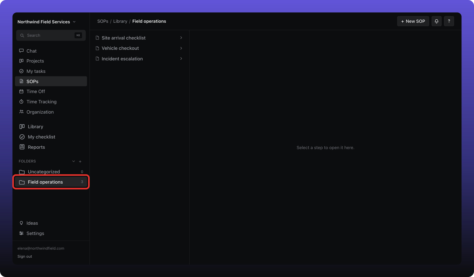 Field operations folder open with three SOPs listed and the folder outlined in the sidebar