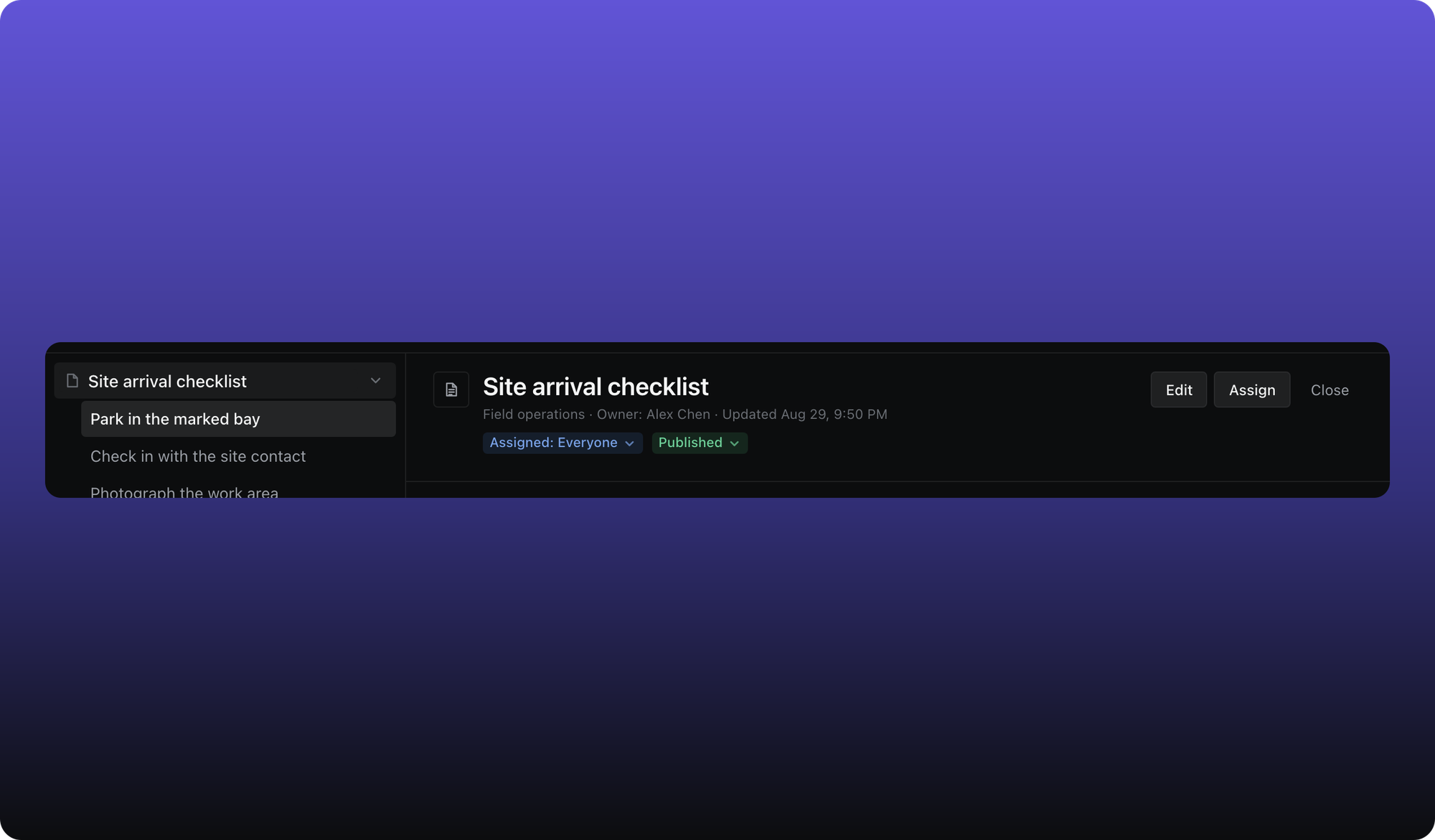 Published SOP header showing Assigned: Everyone pill