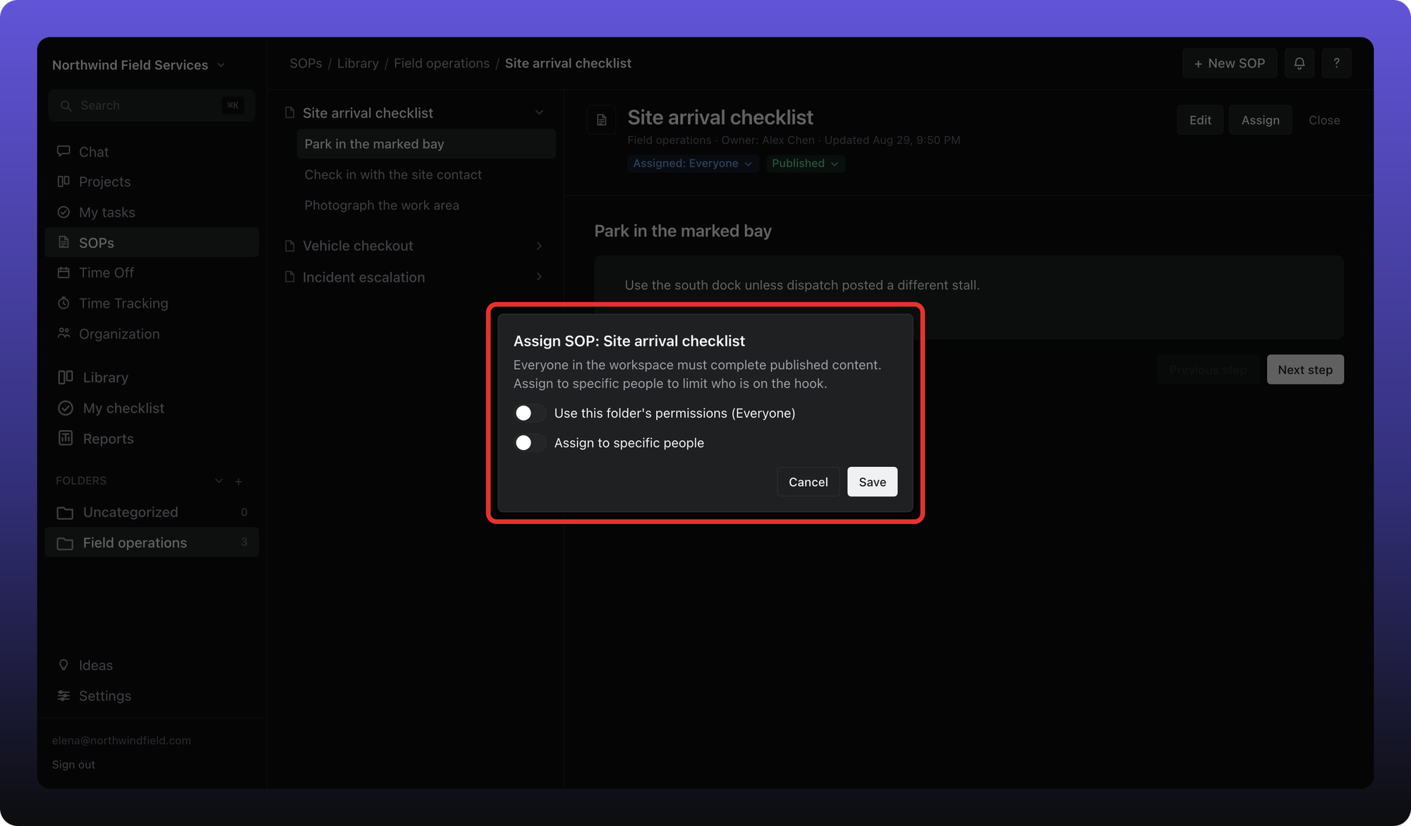 Assign SOP dialog with Assign to specific people and role/member pickers