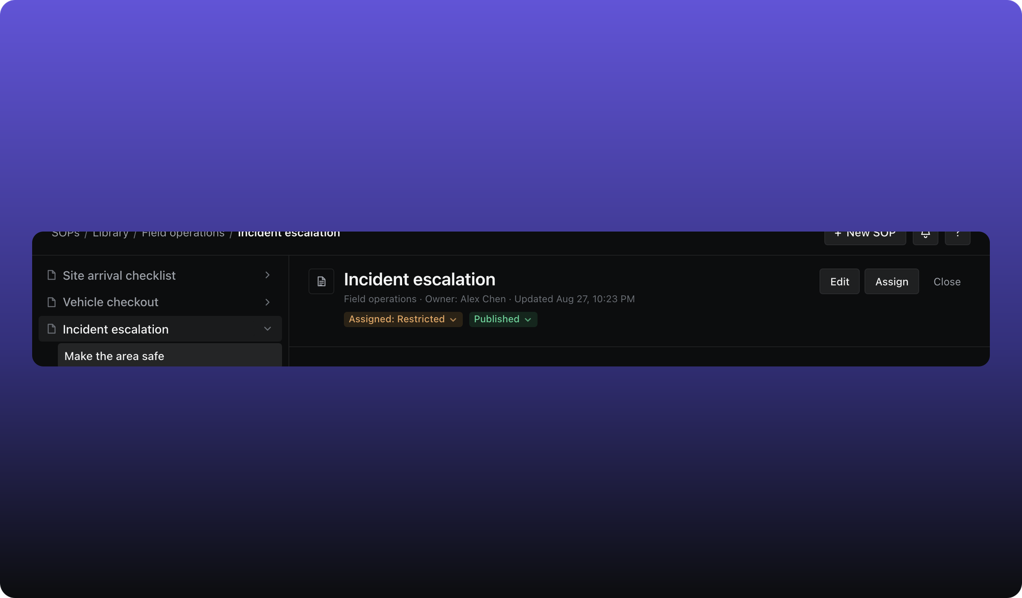 Incident escalation SOP showing Assigned: Restricted pill