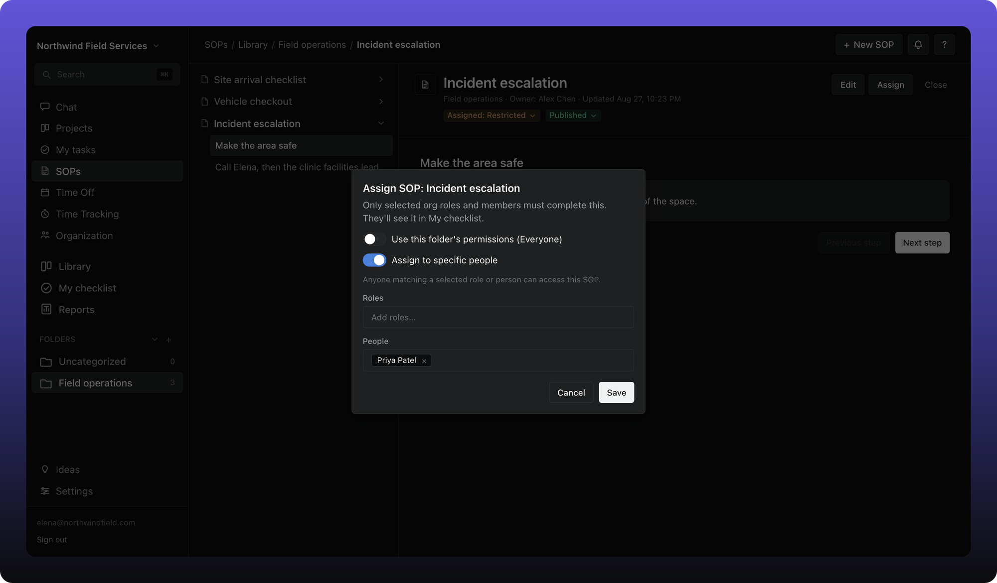 Assign SOP dialog for a restricted SOP with specific people selected