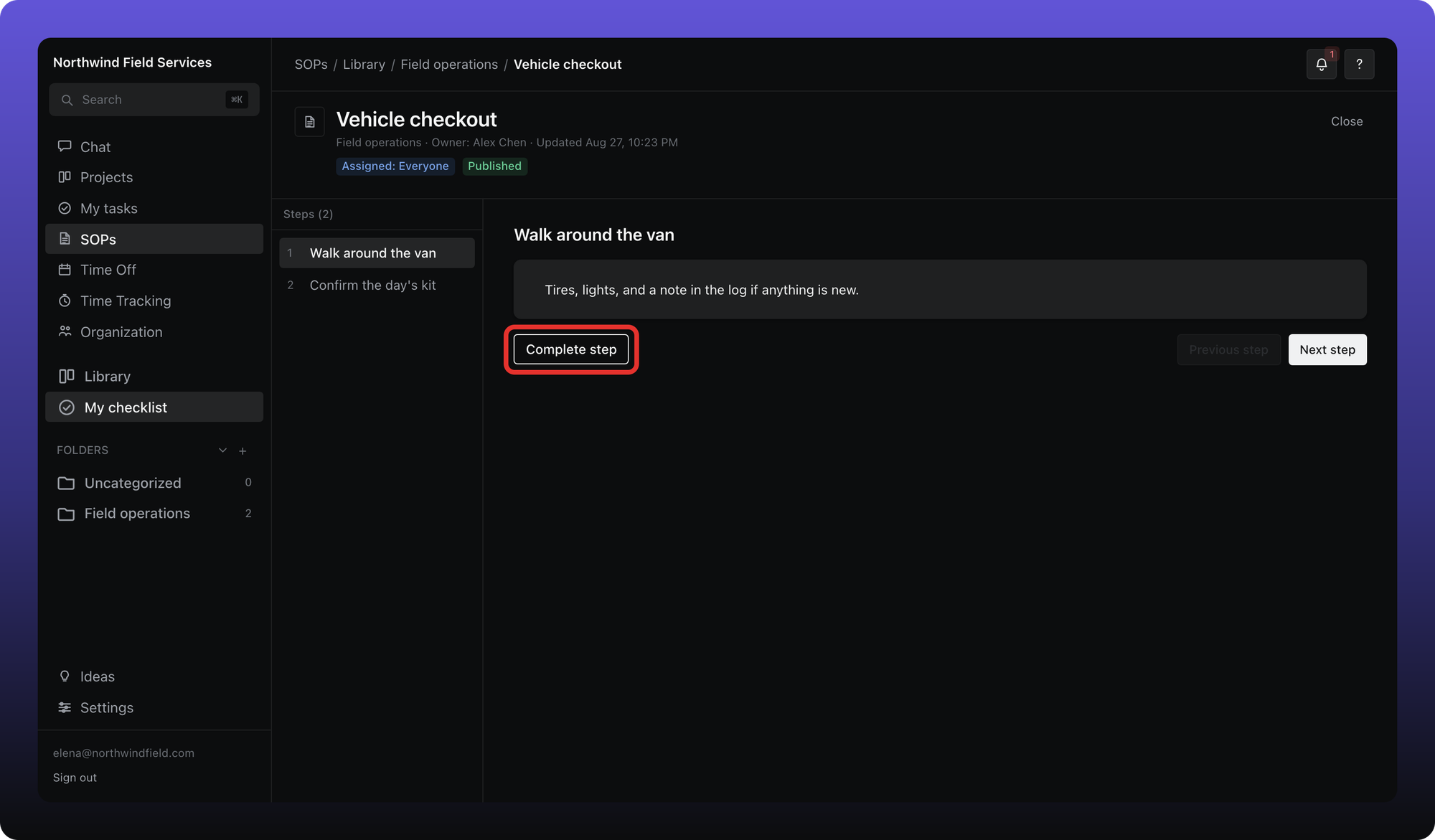 SOP reader open on Vehicle checkout with Complete step outlined