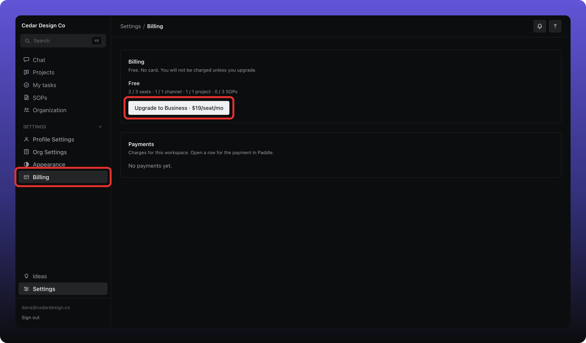 The Billing page of a Free workspace, with the Billing tab and Upgrade to Business button outlined.