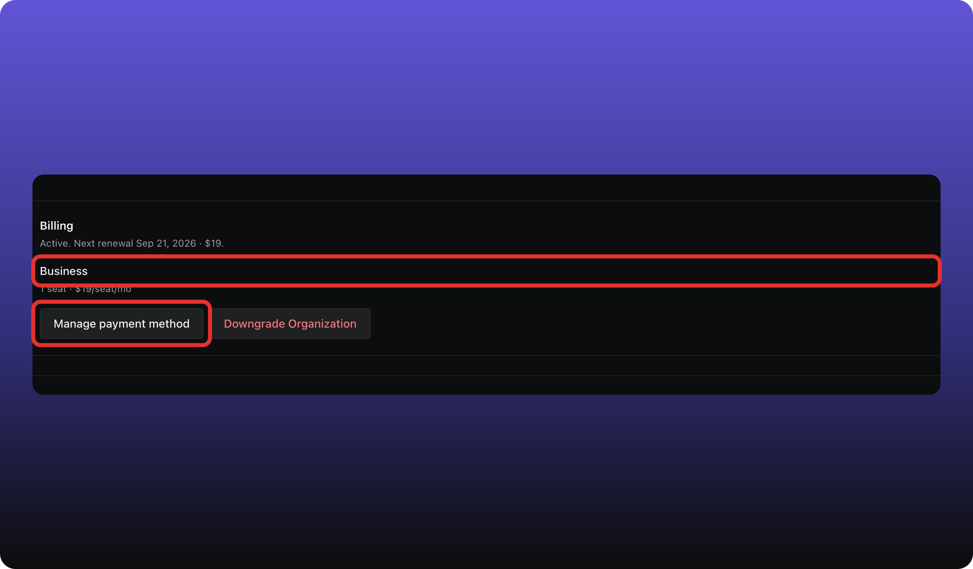 The Billing page of a Business workspace showing seat count, next renewal, and Manage payment method outlined.