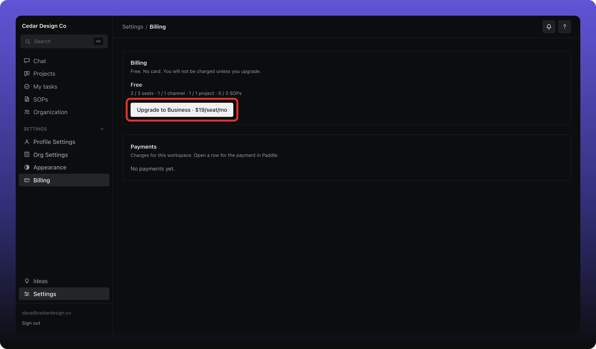 The Billing page of a Free workspace with Upgrade to Business outlined.