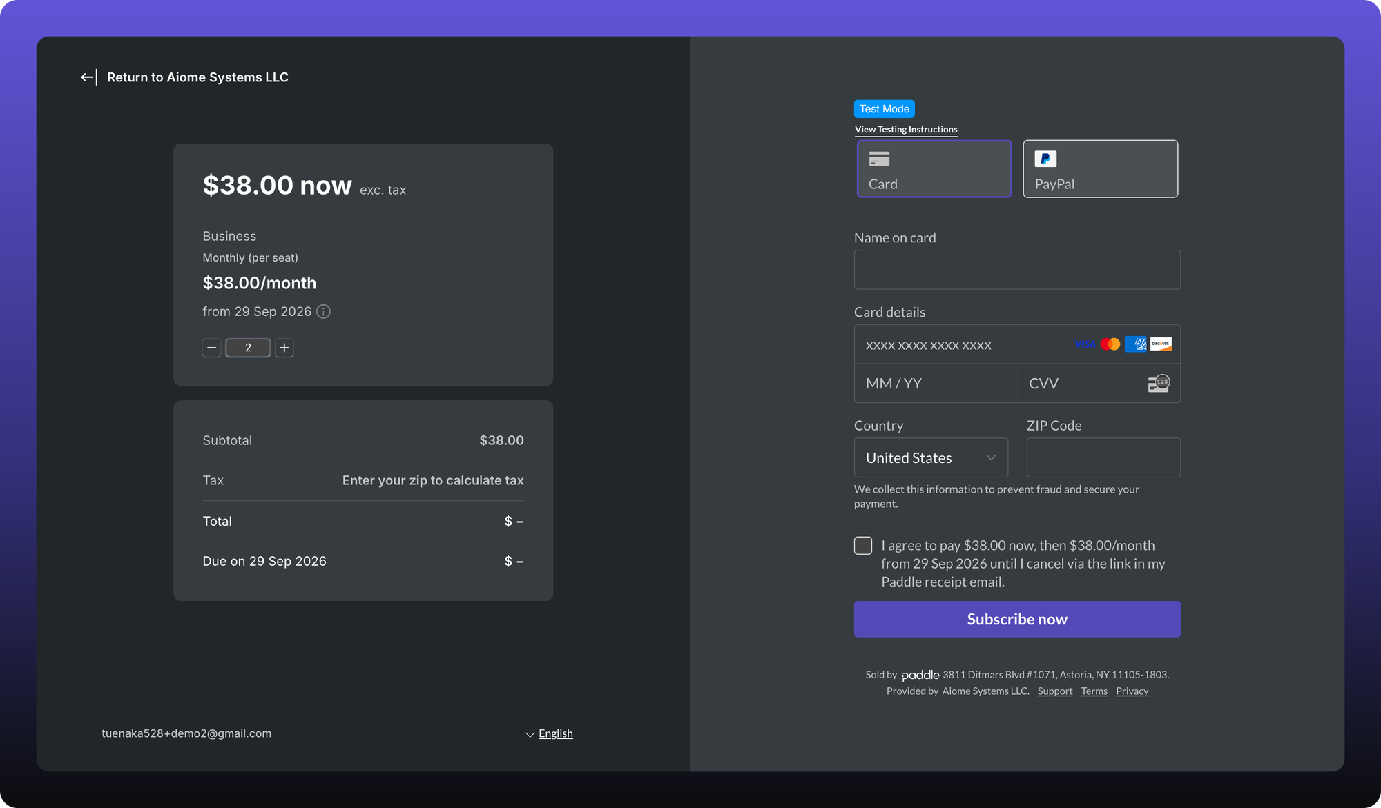 Paddle checkout overlay open on top of Aiome after clicking Upgrade to Business.