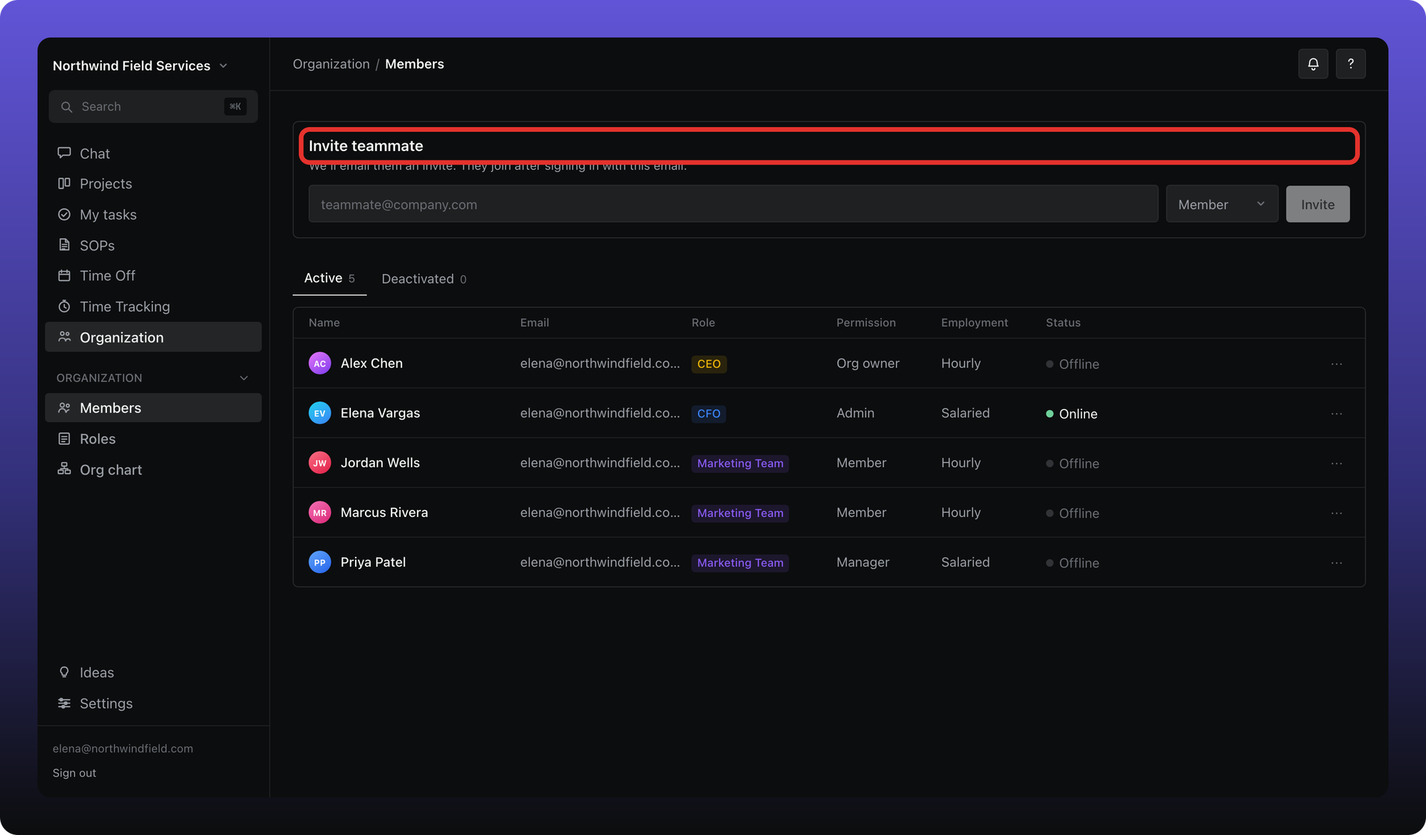 Invite teammate form with email field, permission selector, and Invite button