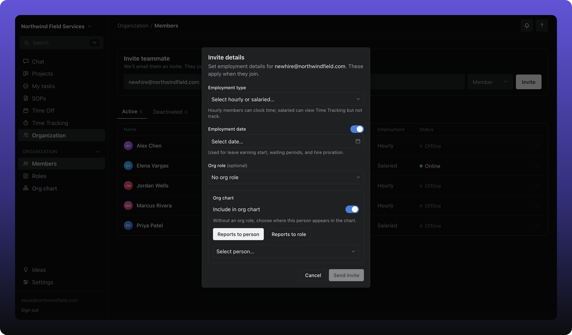Invite details dialog with employment type, date, org role, and org chart options