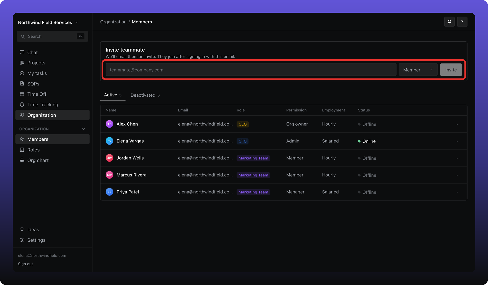 Invite teammate form with email field, permission selector, and Invite button