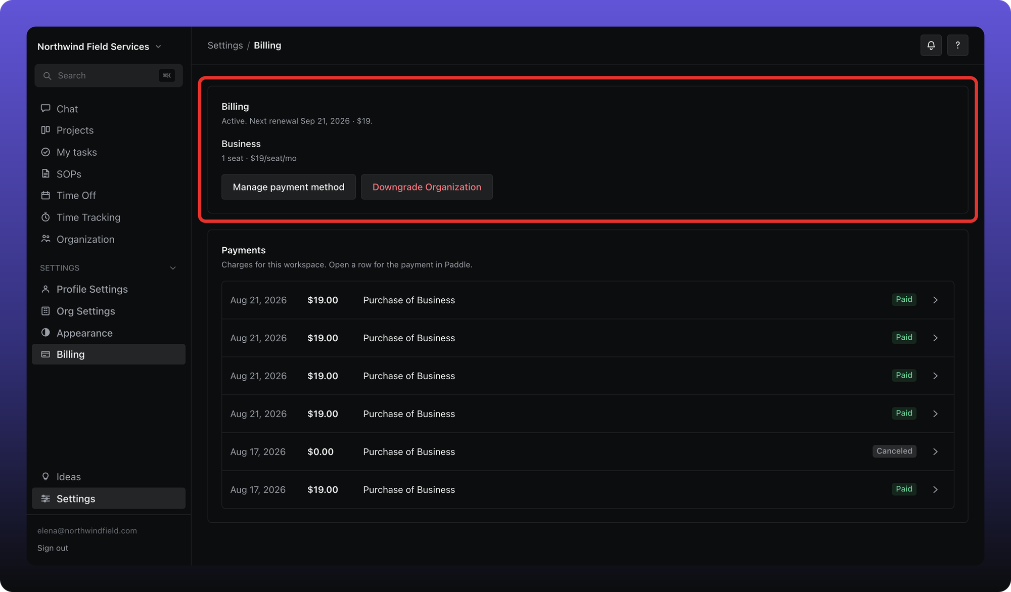 The Billing section of a Business workspace showing seat count, per-seat price, next renewal, and action buttons.