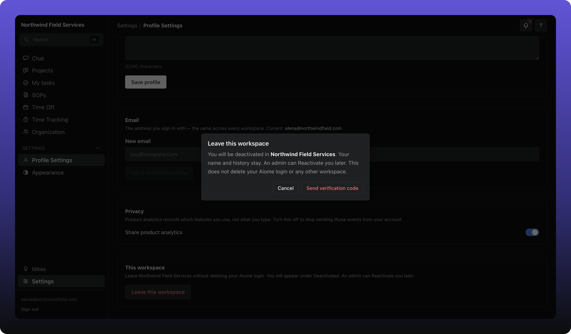 Leave this workspace dialog explaining deactivation keeps history