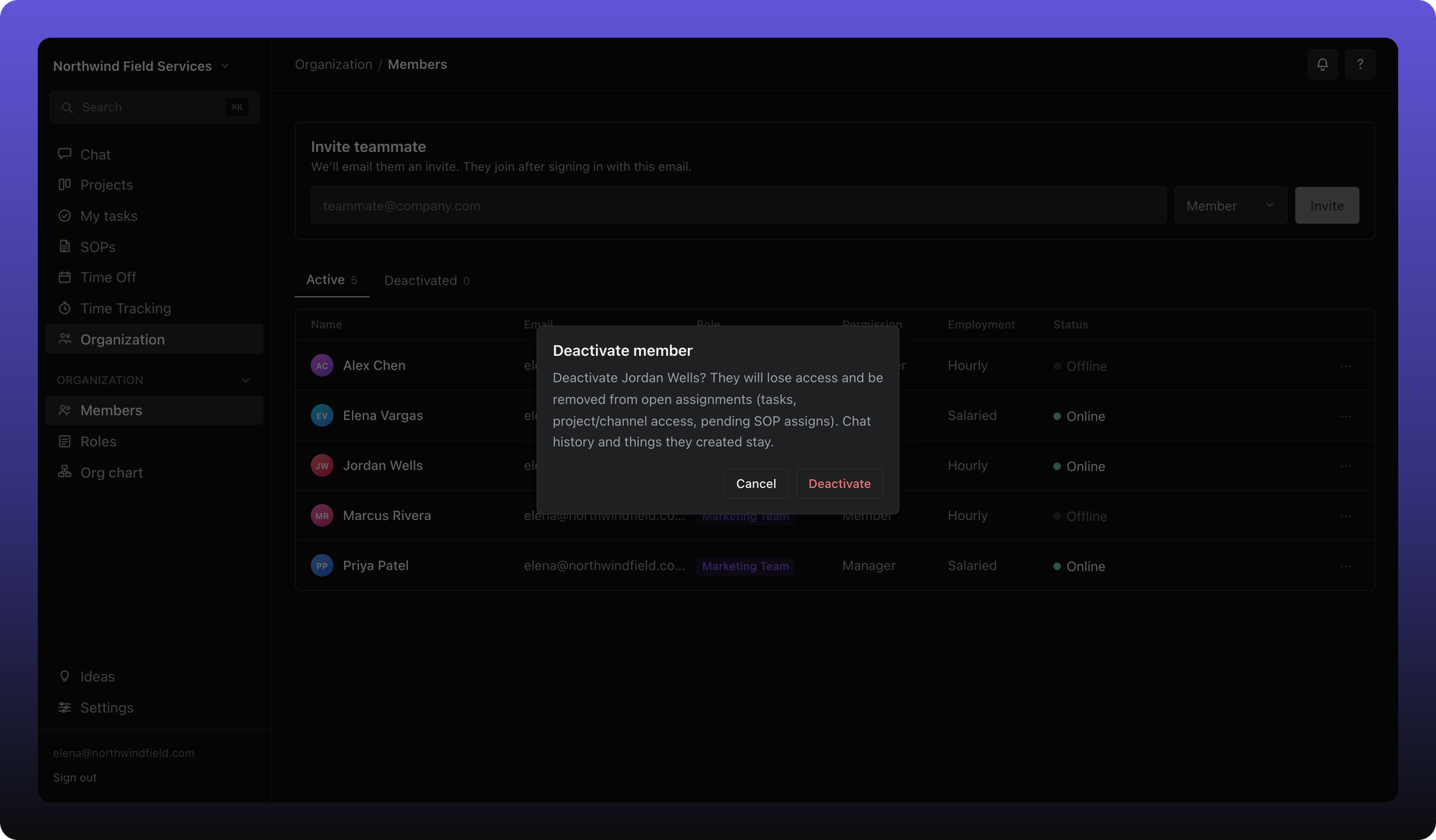 Deactivate member confirmation dialog