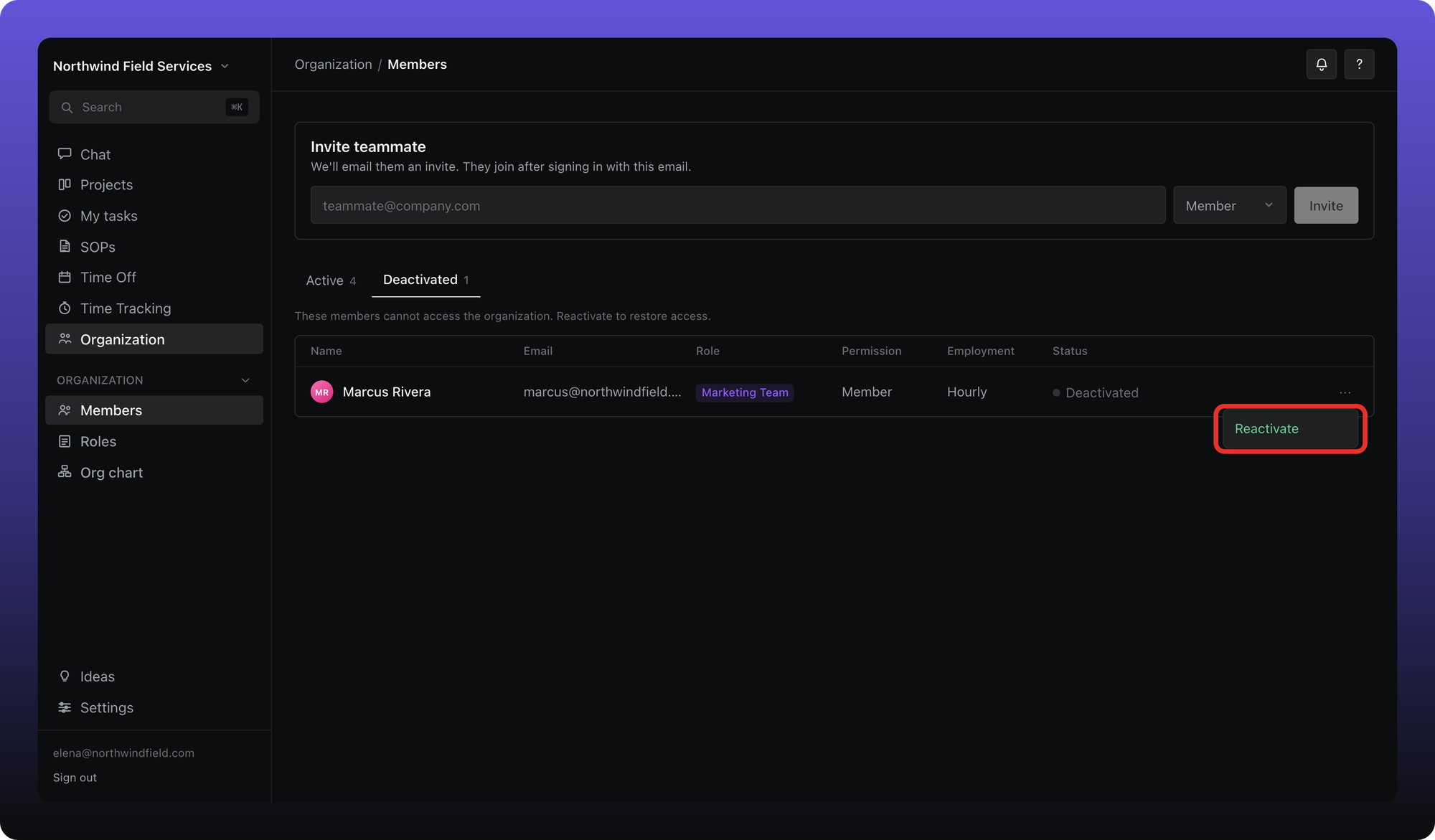 Deactivated tab with Marcus Rivera’s row and Reactivate outlined