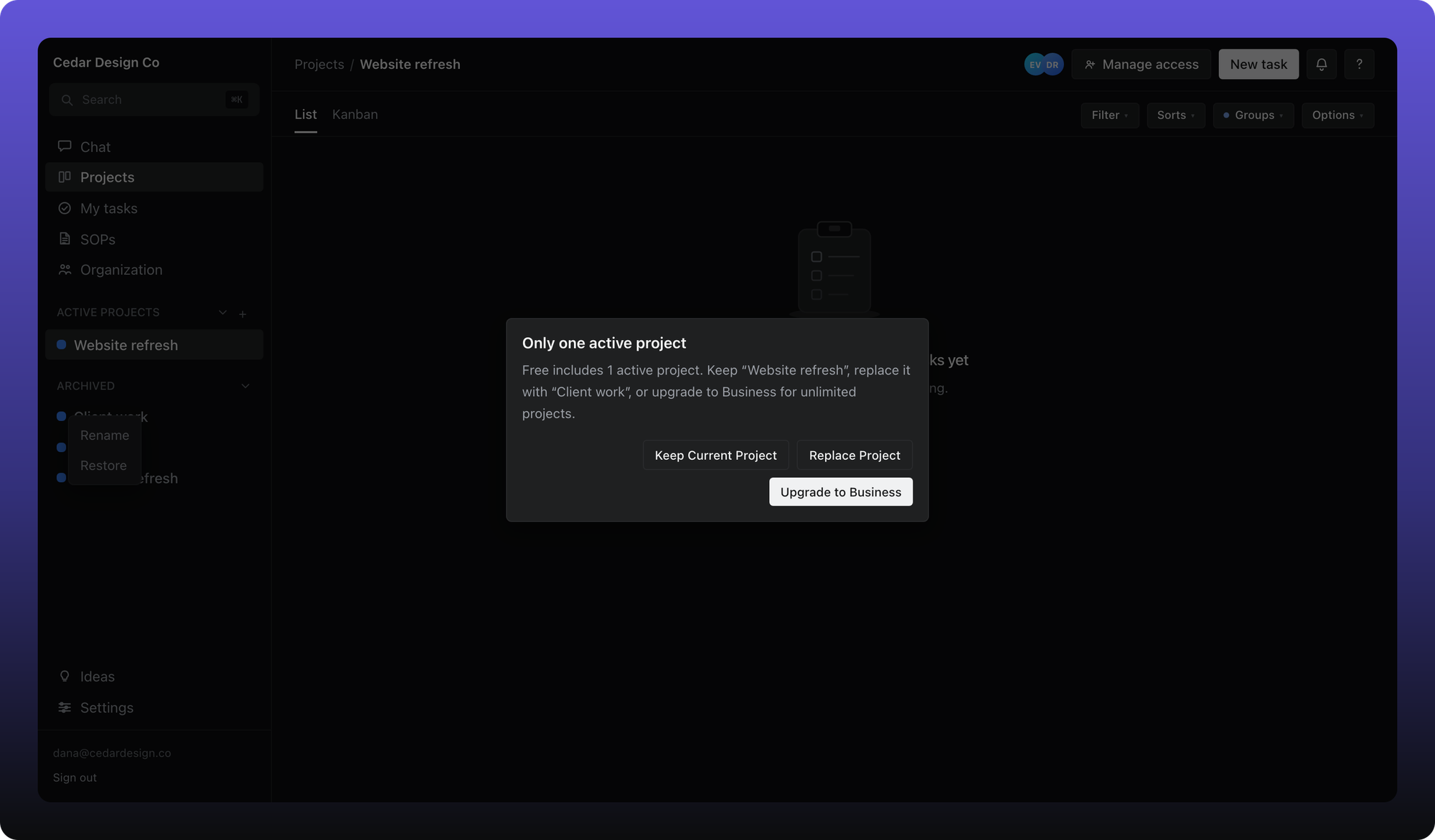 The replace dialog when a Free workspace tries to restore a second active project.