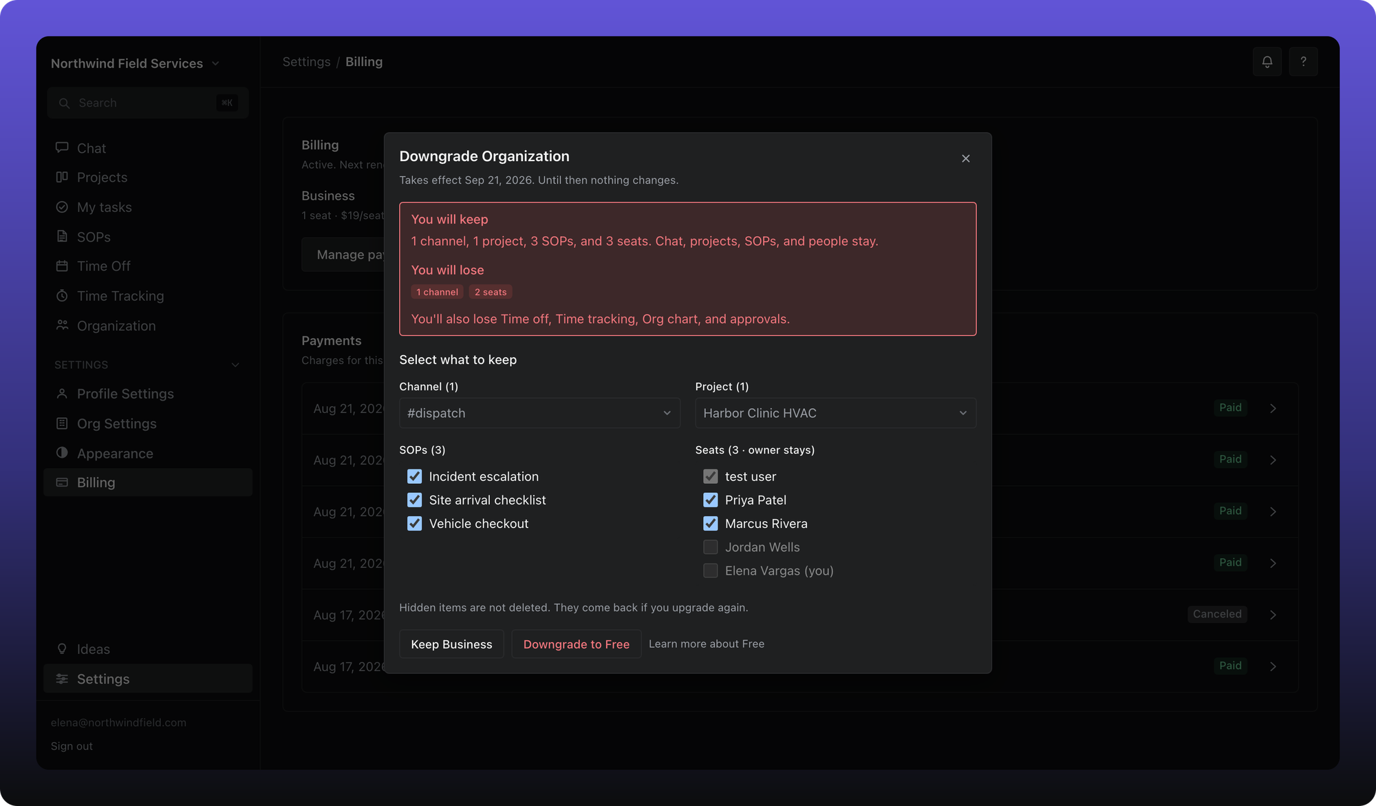 The Downgrade Organization dialog where an admin picks what to keep on Free.