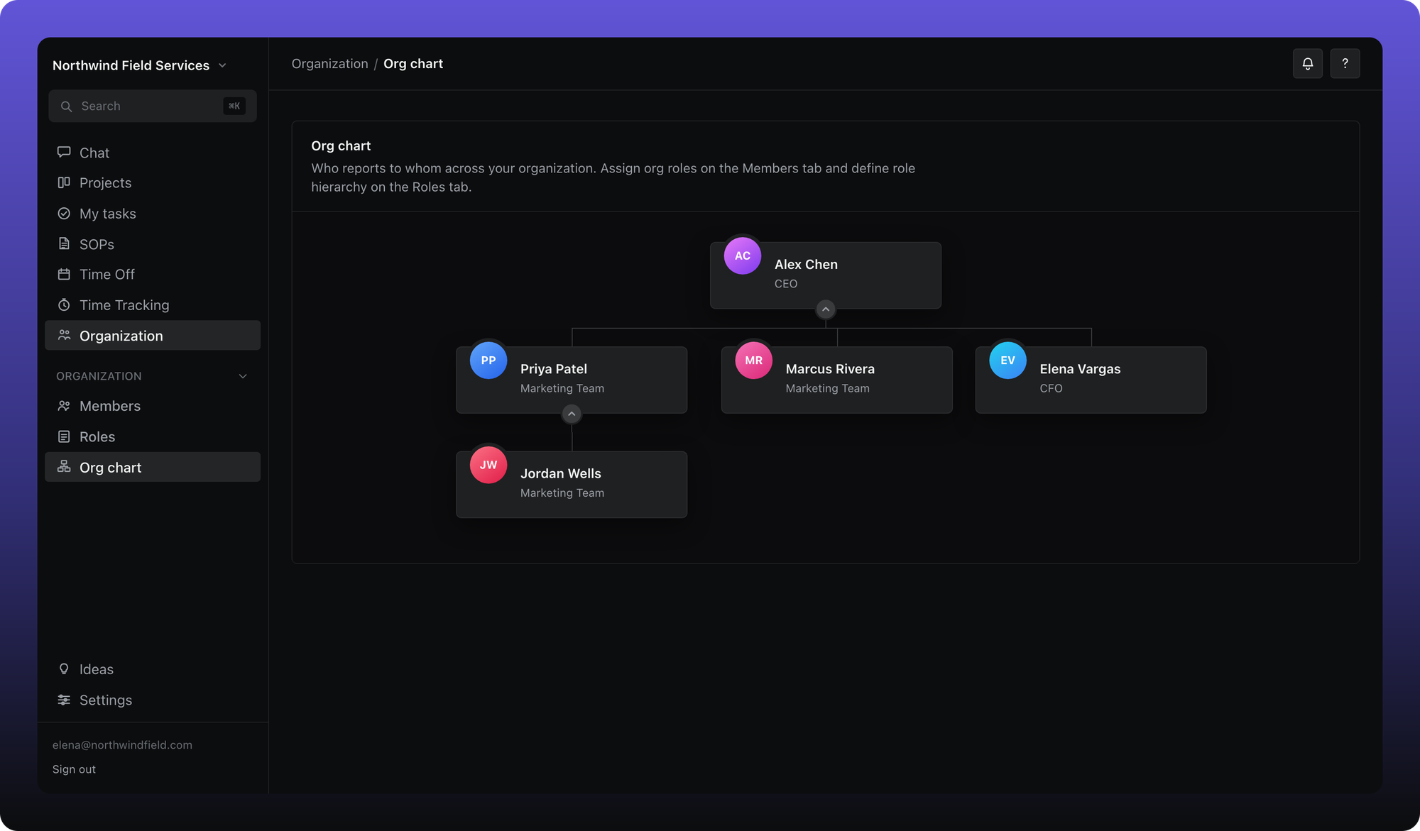 Org chart showing role groupings and reporting lines
