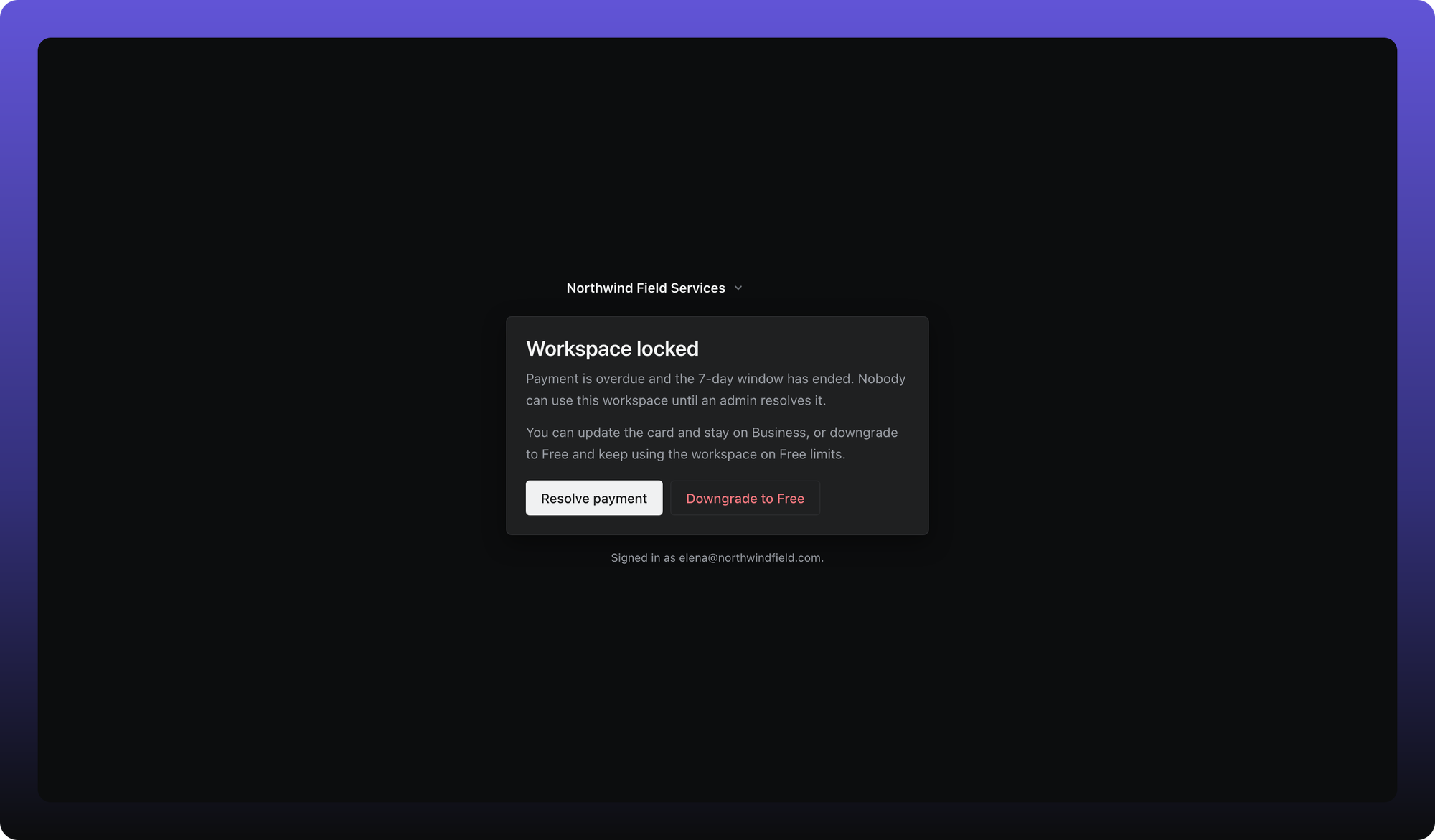 The workspace locked screen shown after the 7-day grace period ends.
