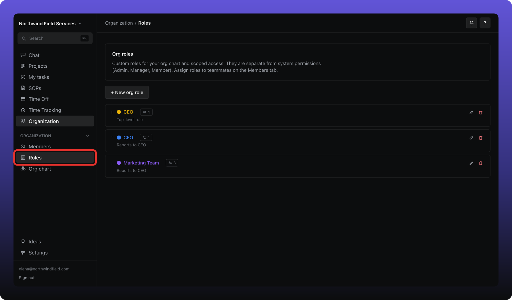 Roles tab showing the org roles panel