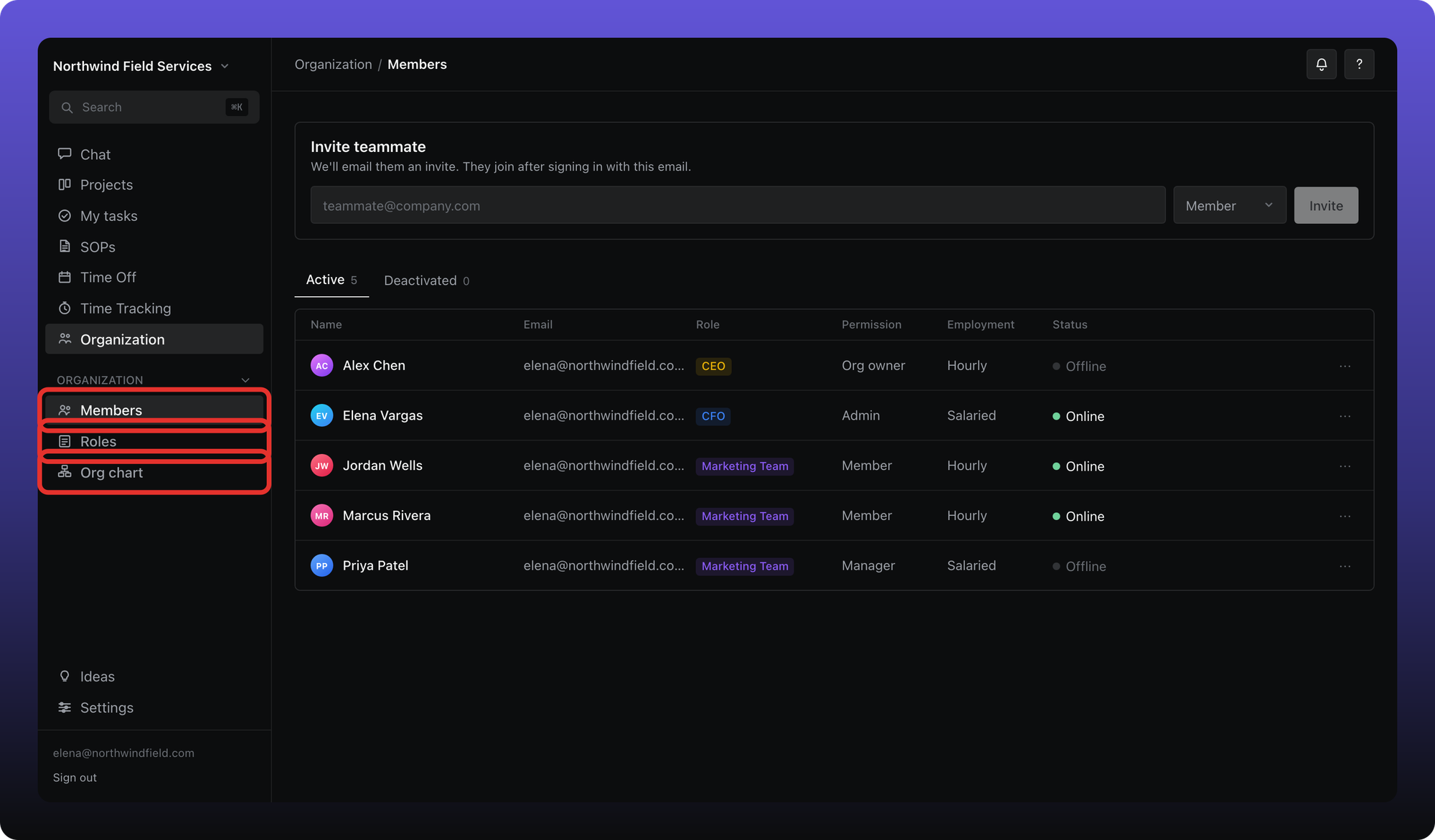 Organization sidebar with Members, Roles, and Org chart outlined