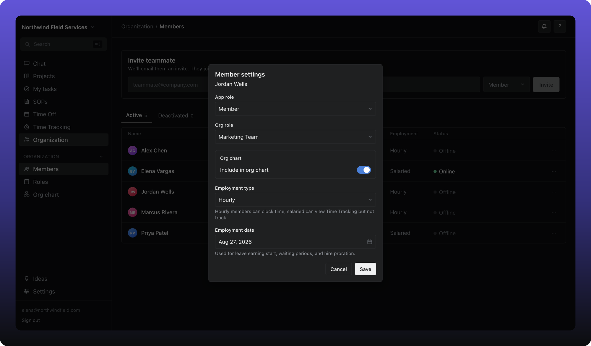 Member settings dialog with app role, org role, employment type, date, and org chart fields