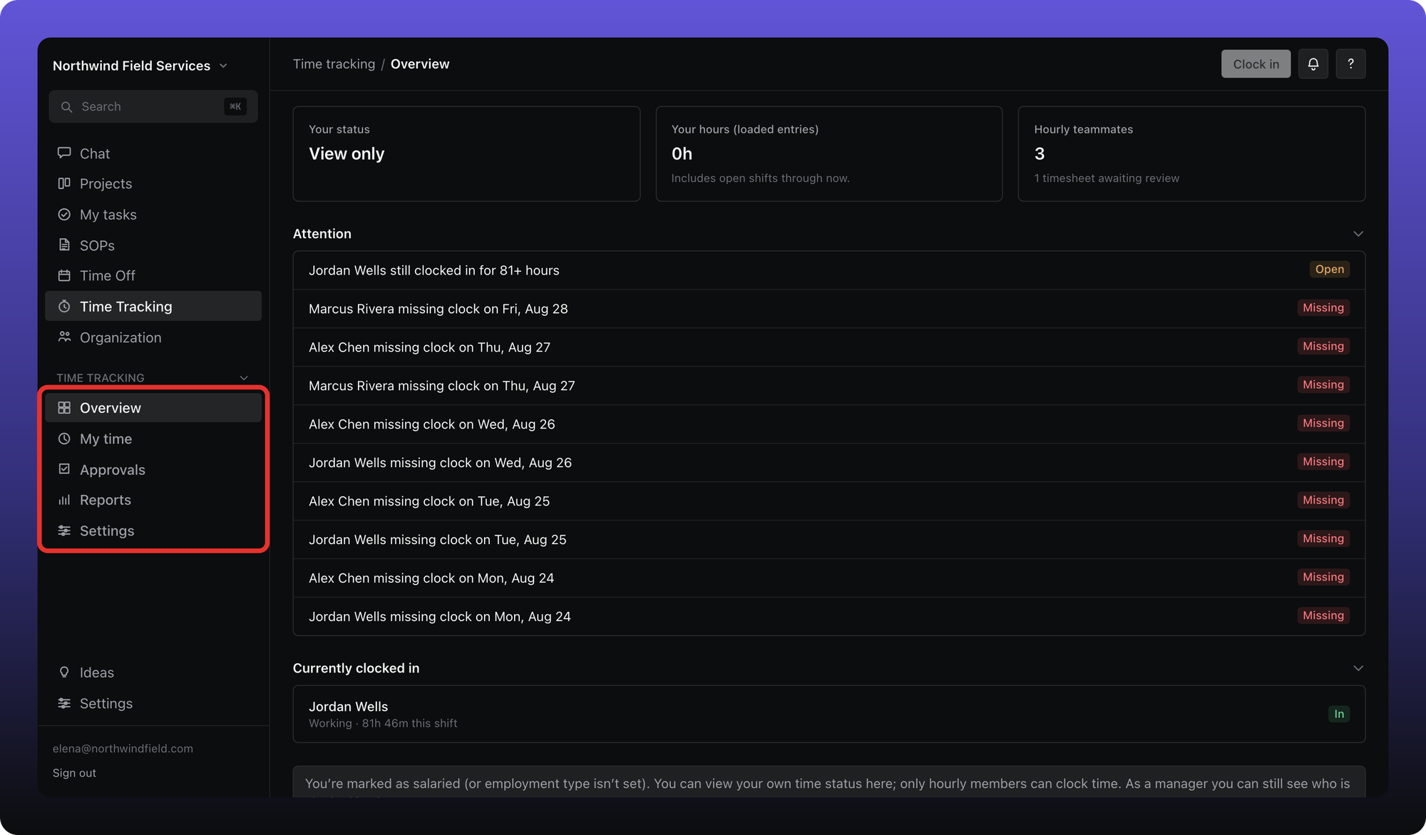 Time Tracking sidebar with Overview, My time, Approvals, Reports, and Settings