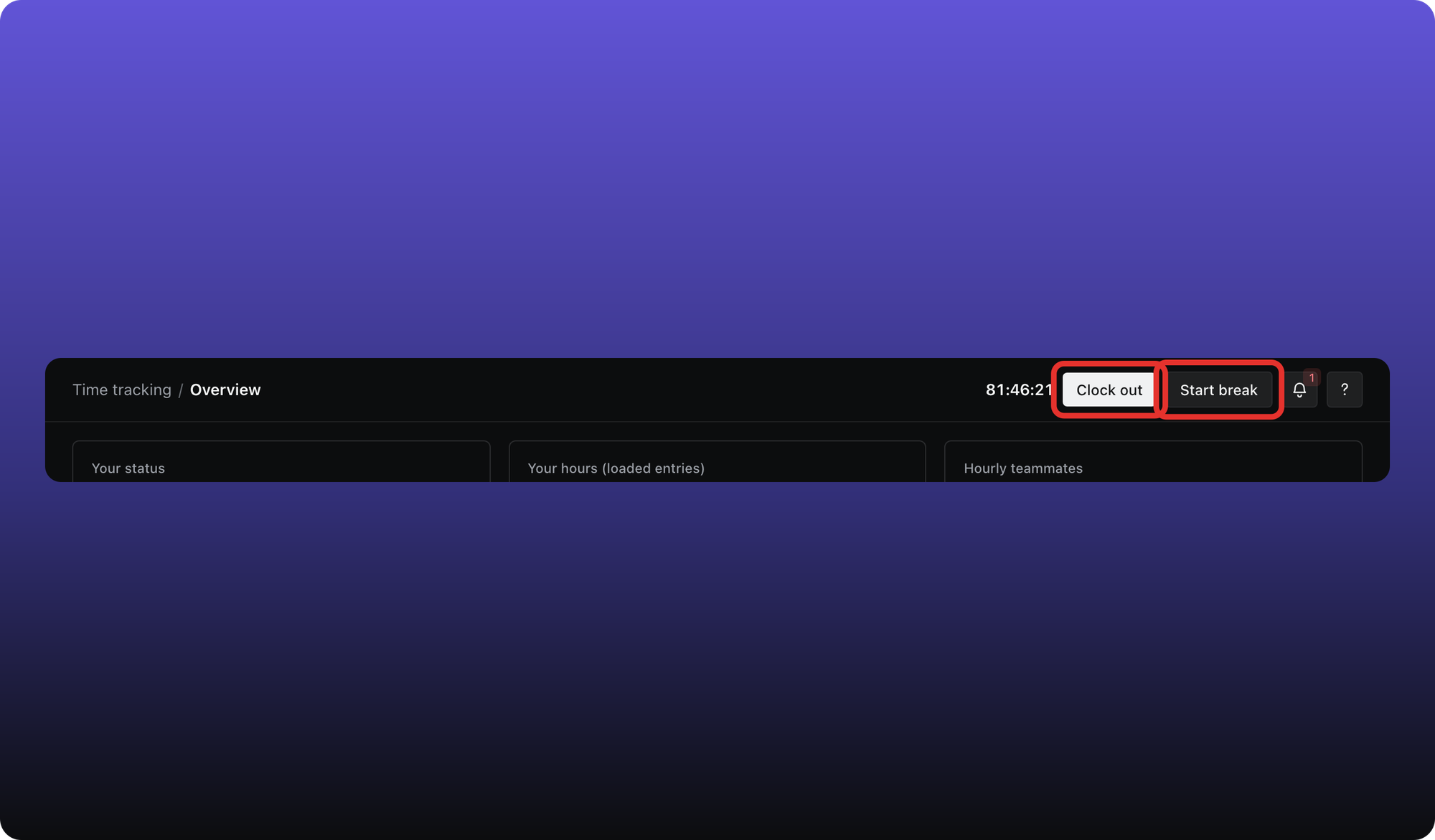 Clock out and Start break buttons with a running timer