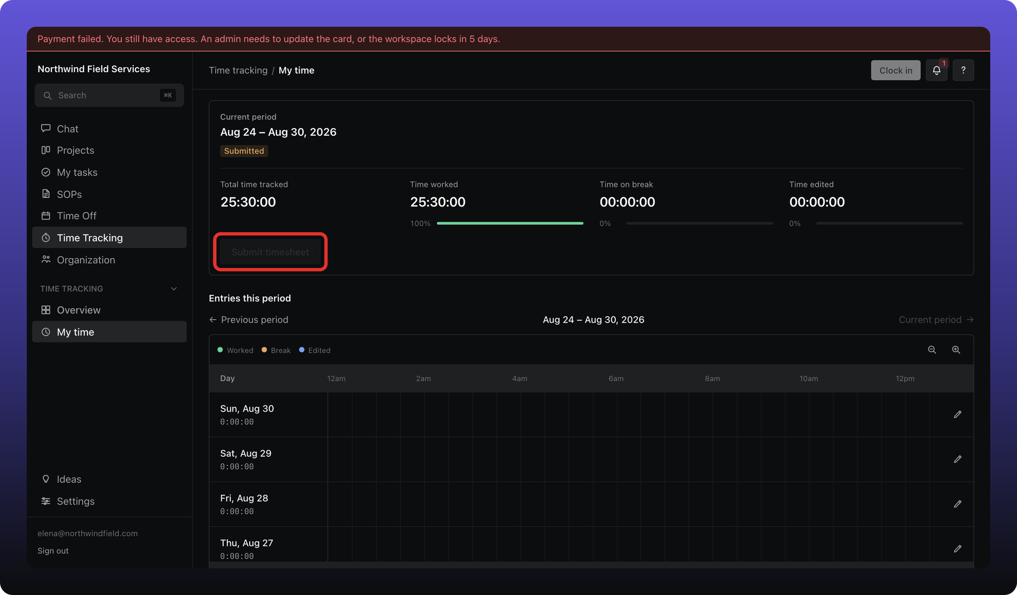 My time summary with period metrics and Submit timesheet