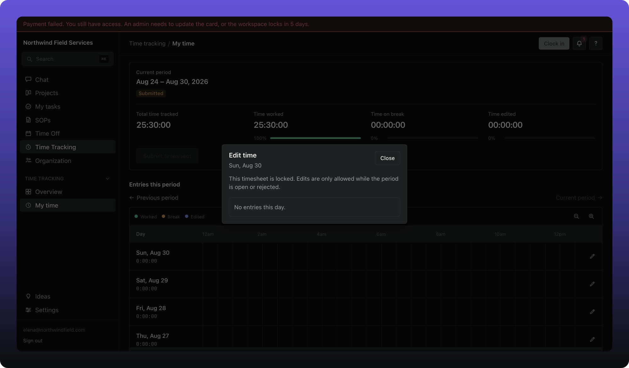 Edit time dialog with start, end, and reason for change fields