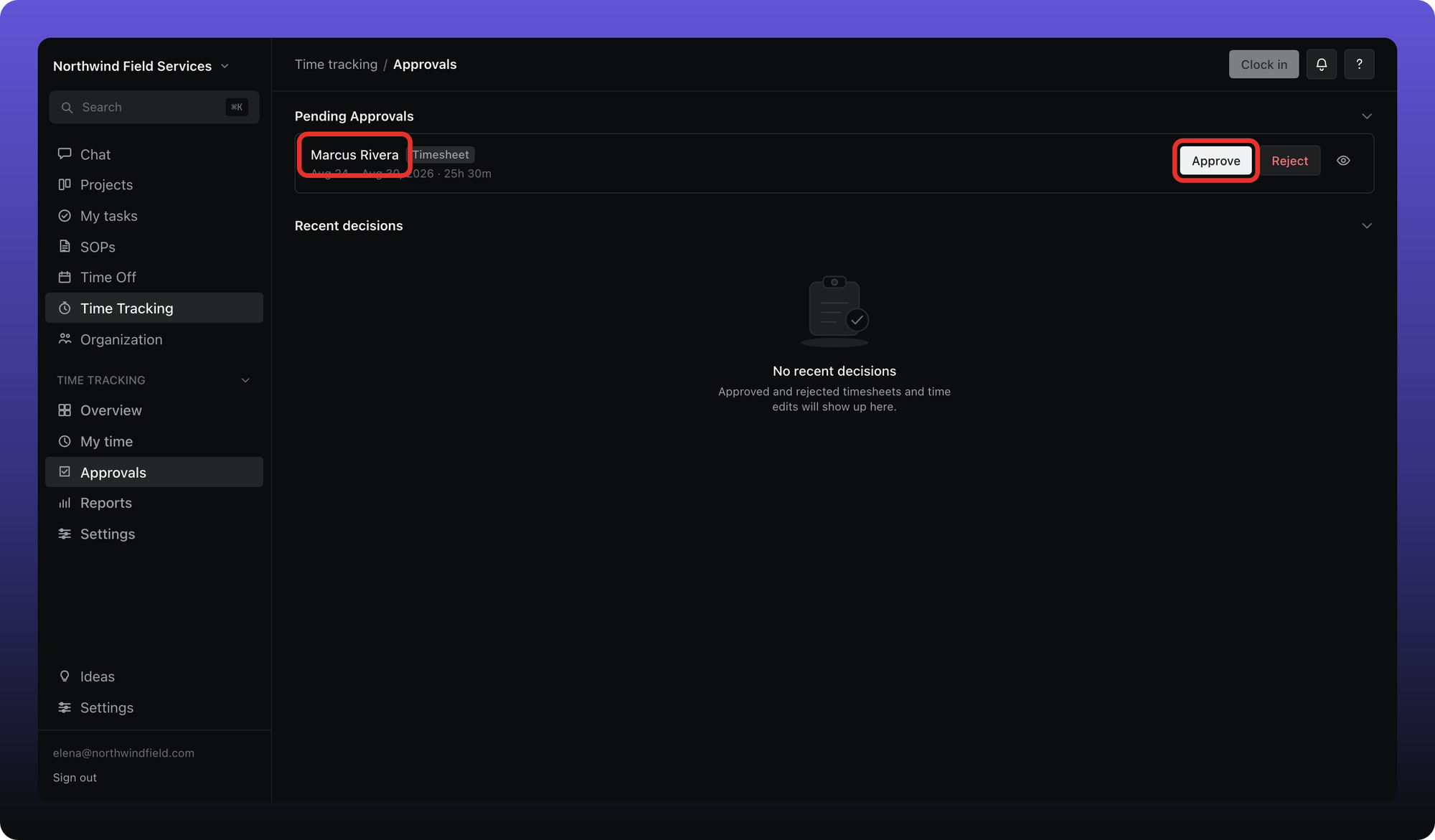 Approvals tab showing a submitted timesheet with Approve button
