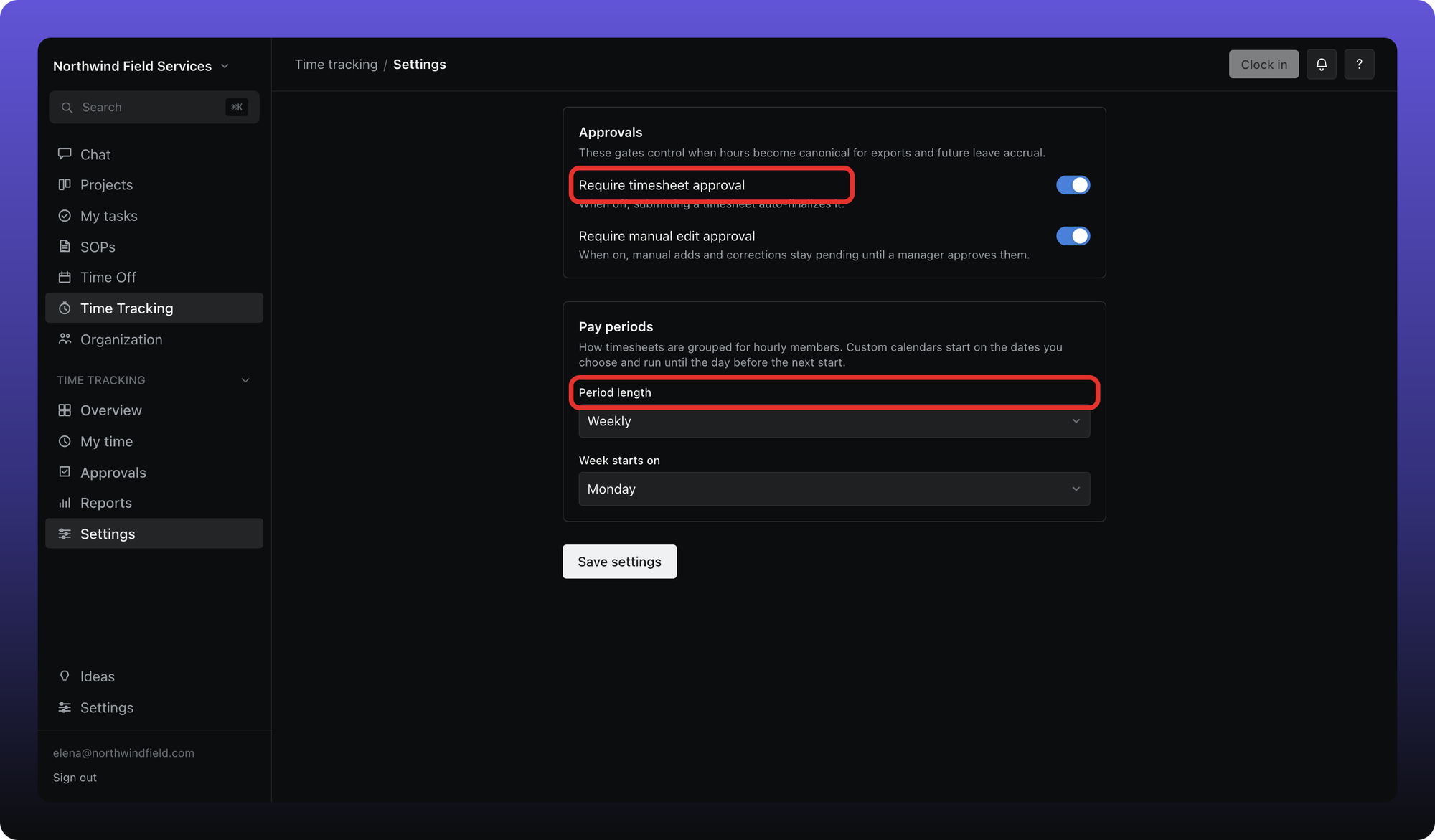Time tracking Settings with period length, week start, and approval toggles