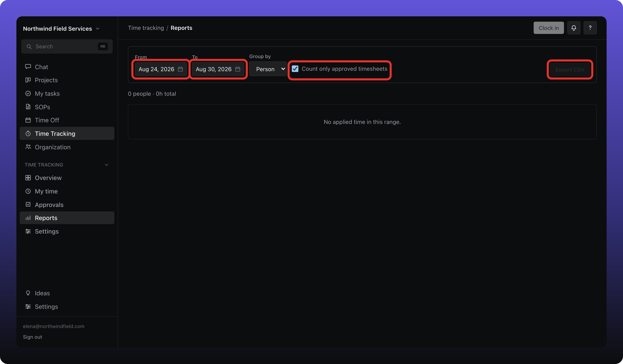 Reports tab with date range, approved-only checkbox, and Export CSV