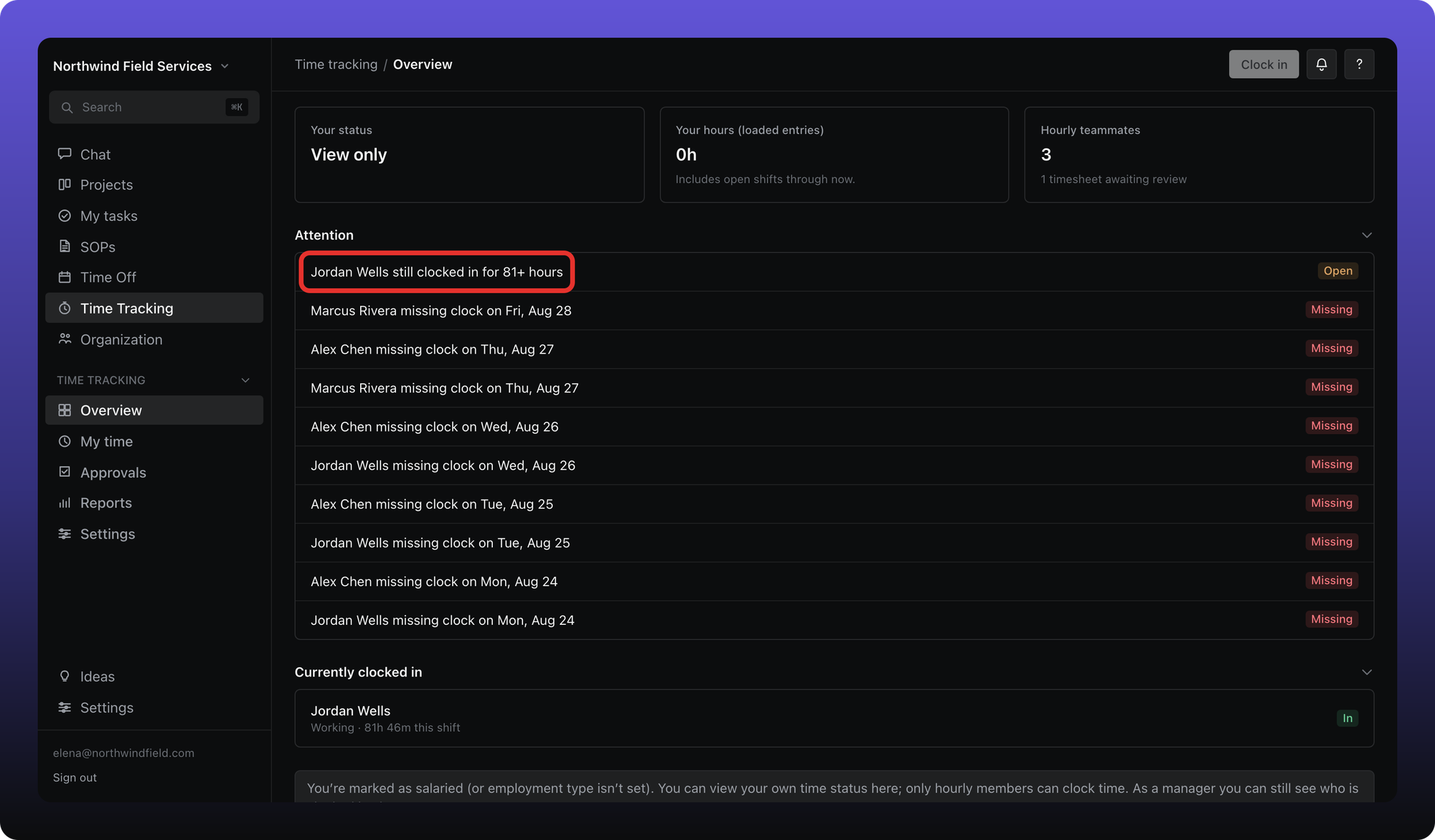 Overview alert showing a teammate still clocked in for many hours