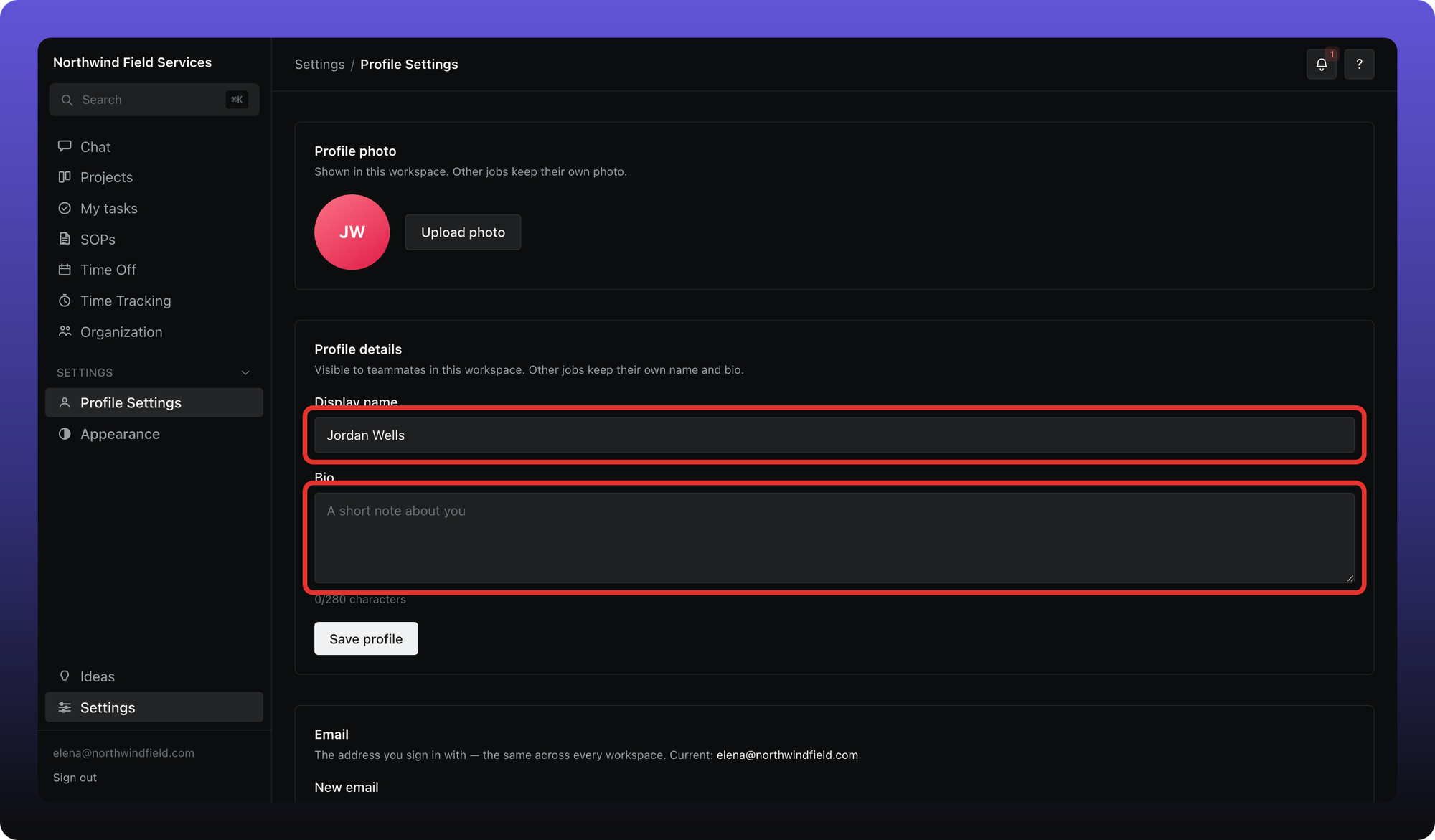 Profile Settings with Display name and Bio fields outlined