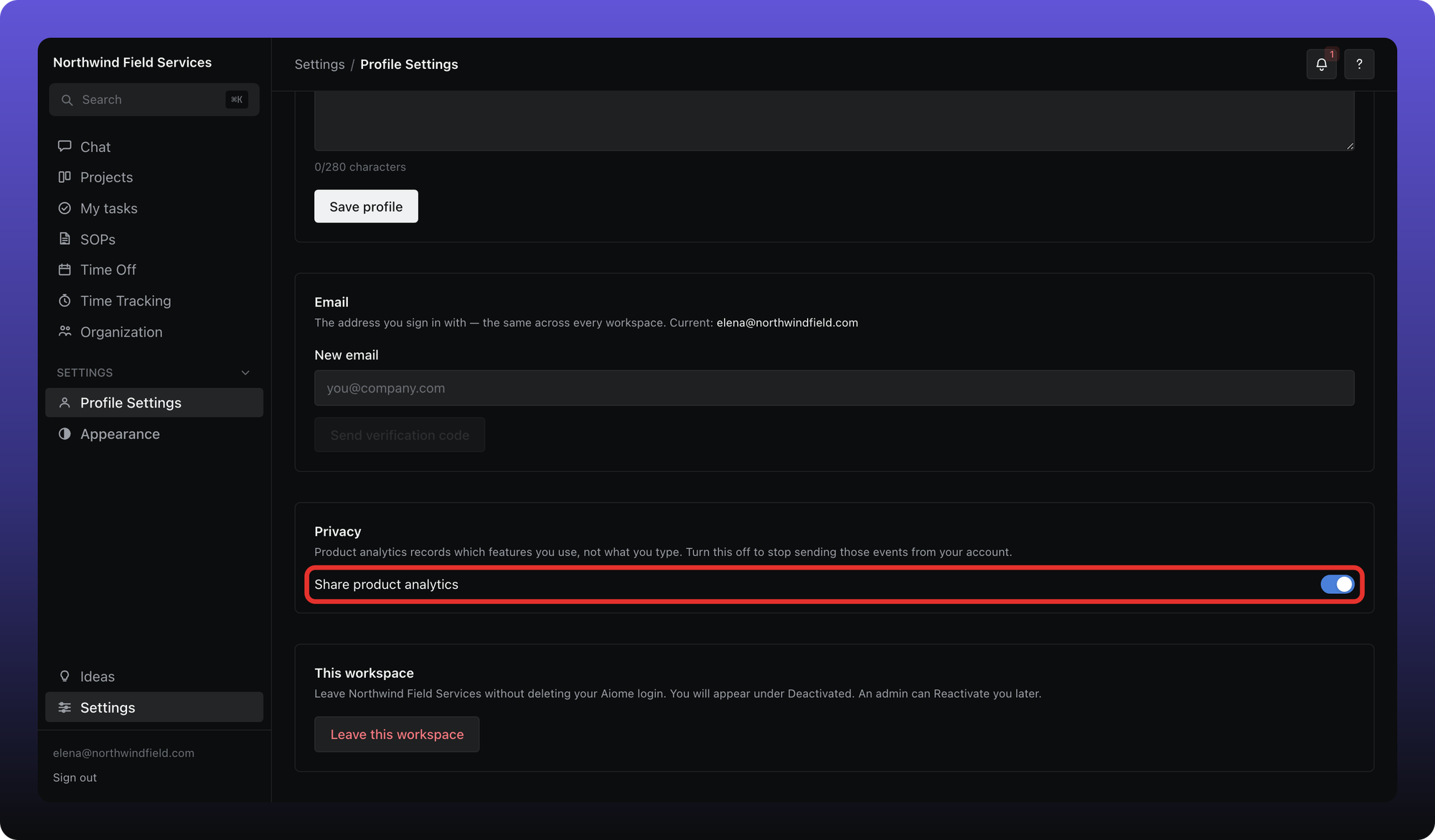 Share product analytics toggle on Profile Settings