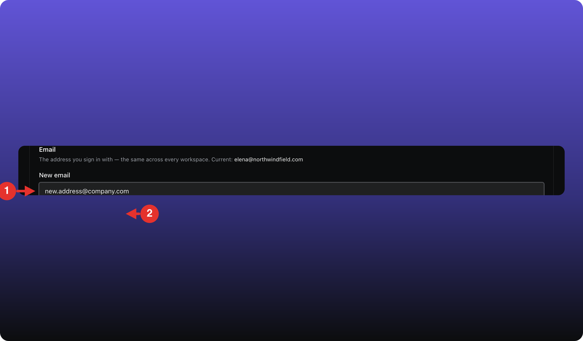 Email change form with New email and Send verification code outlined