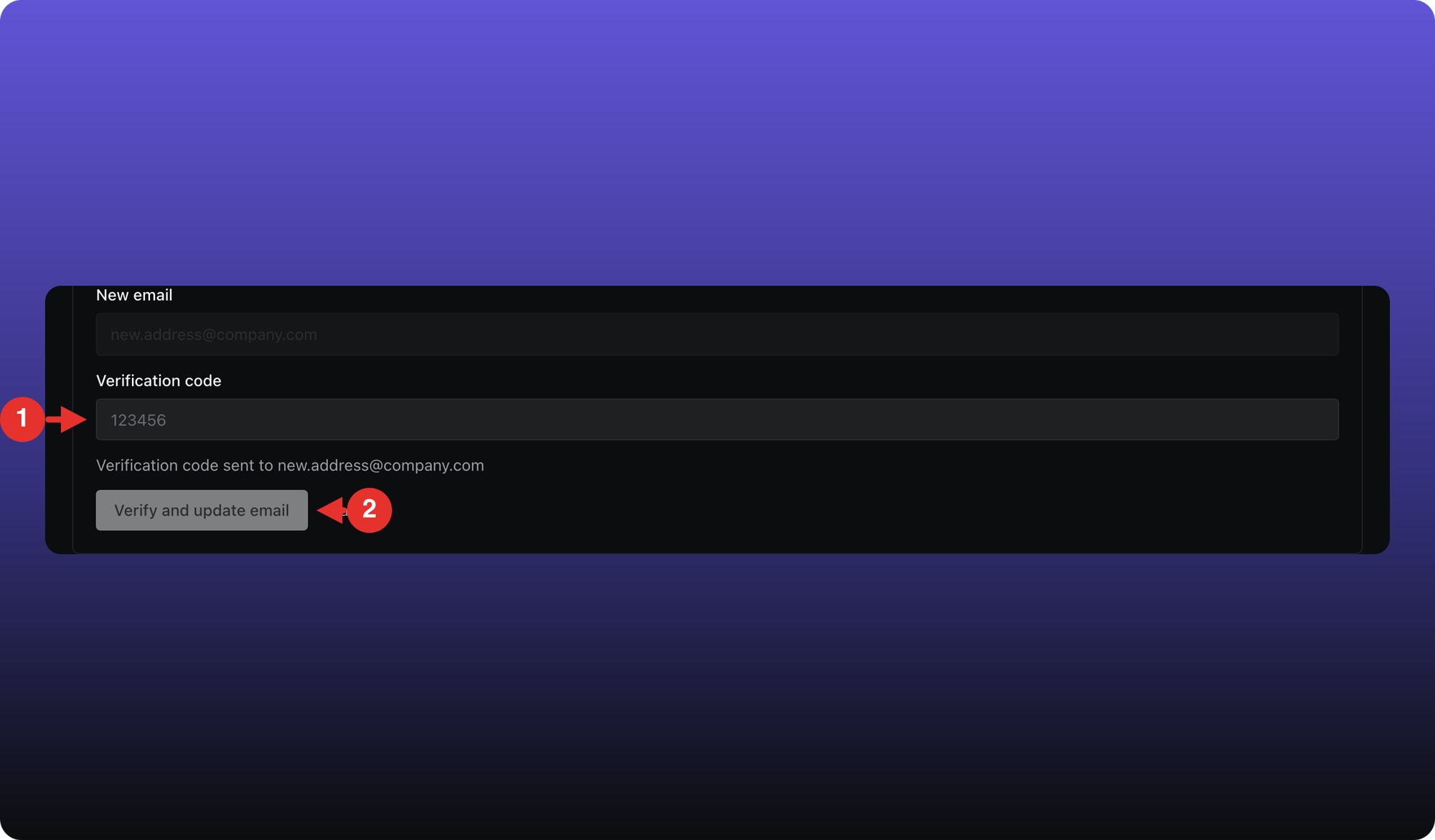 Verification code field and Verify and update email button