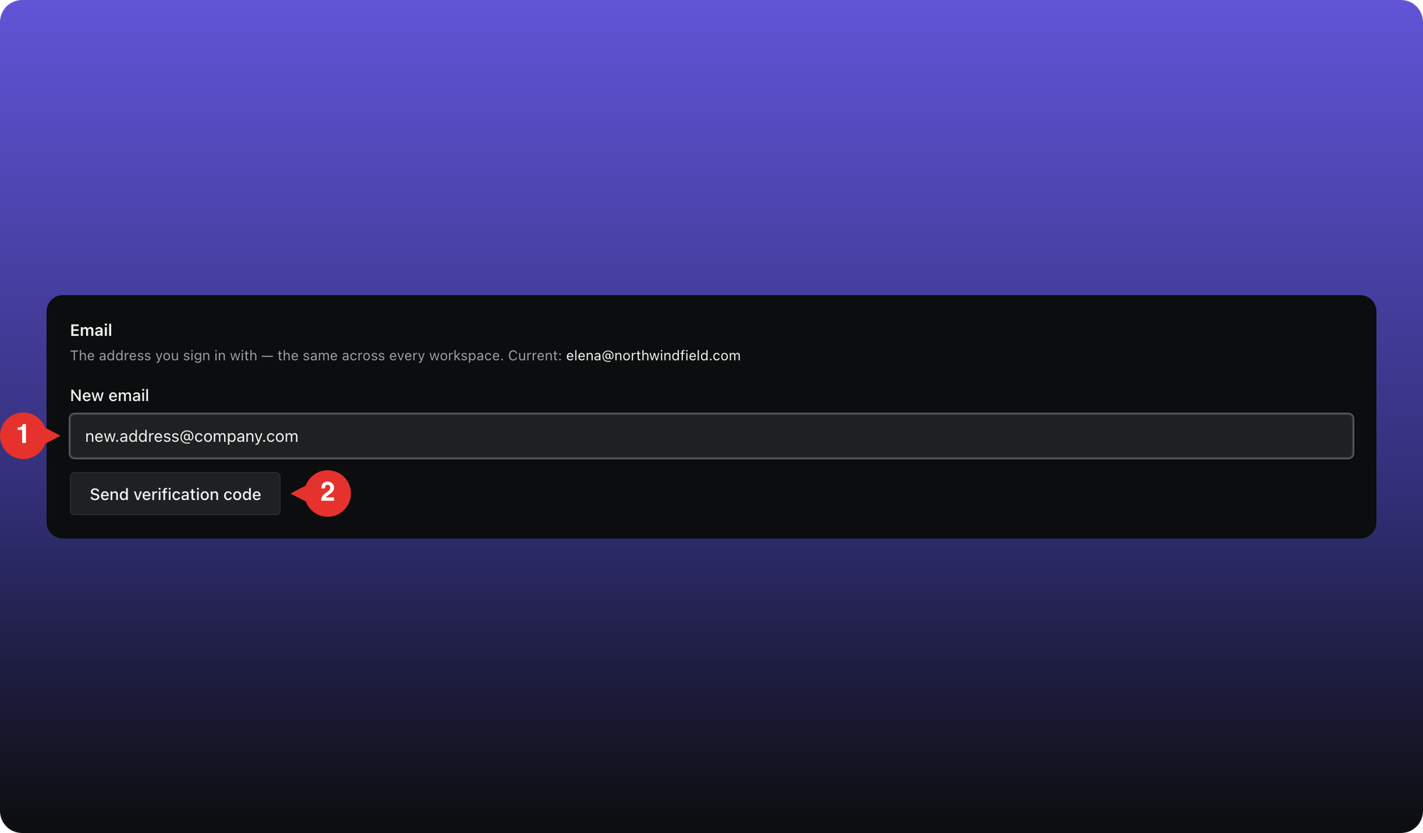 Email change form with New email and Send verification code outlined