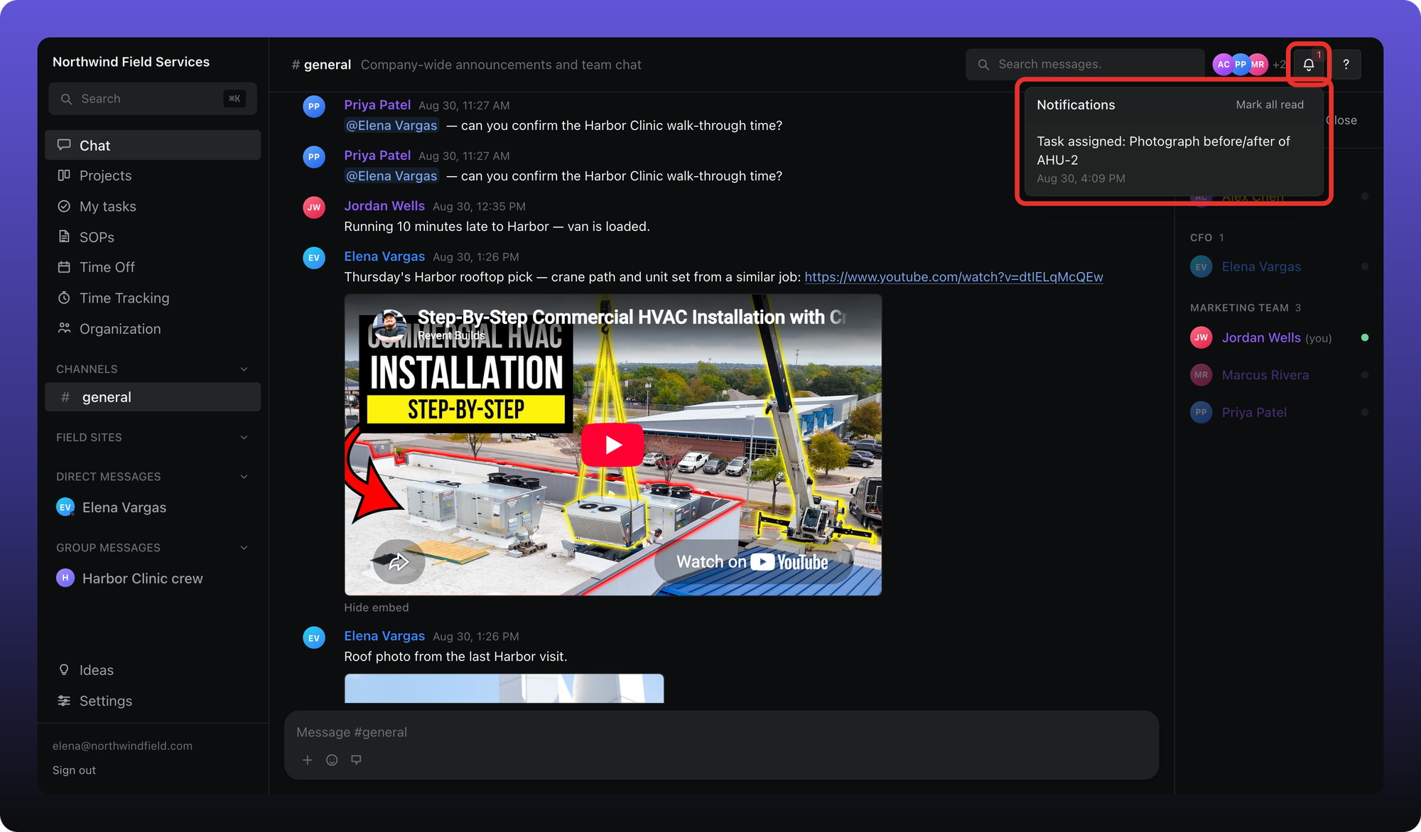 Notifications panel open from the header bell, showing recent alerts