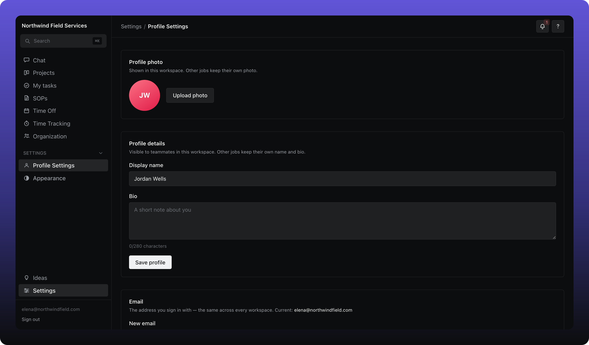 Leave this workspace button on Profile Settings