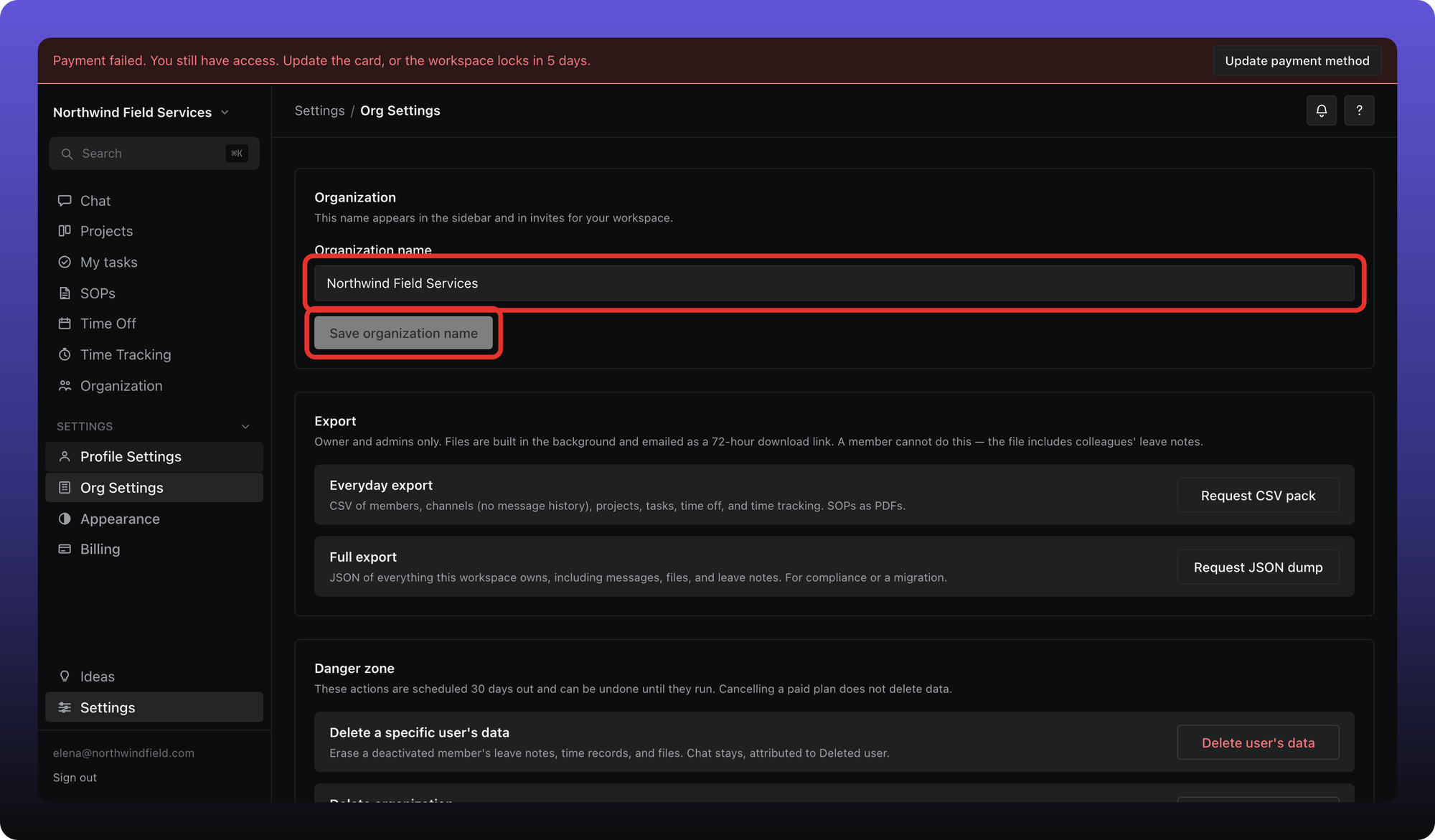 Org Settings with Organization name field and Save button outlined