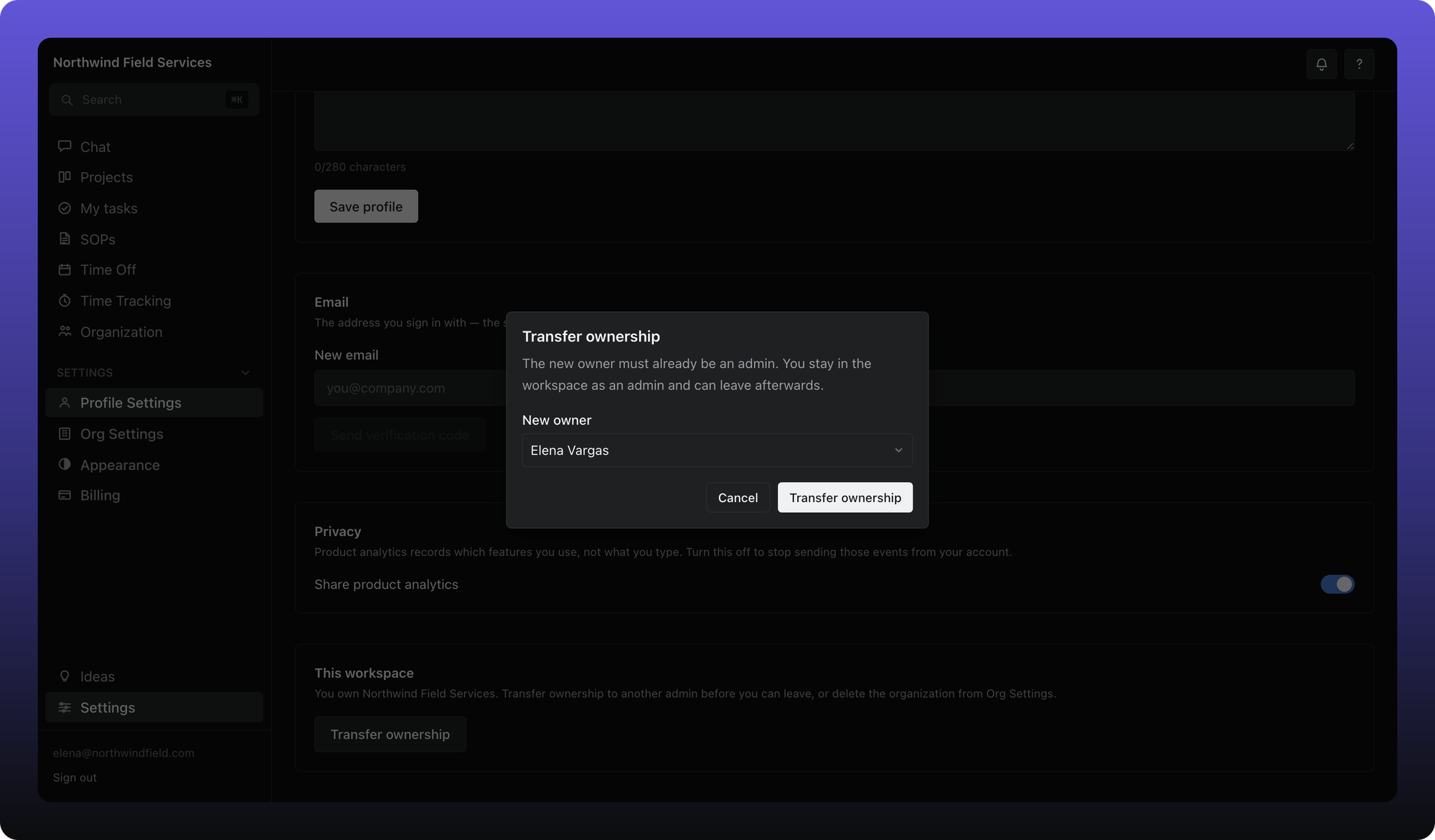 Transfer ownership dialog with New owner picker