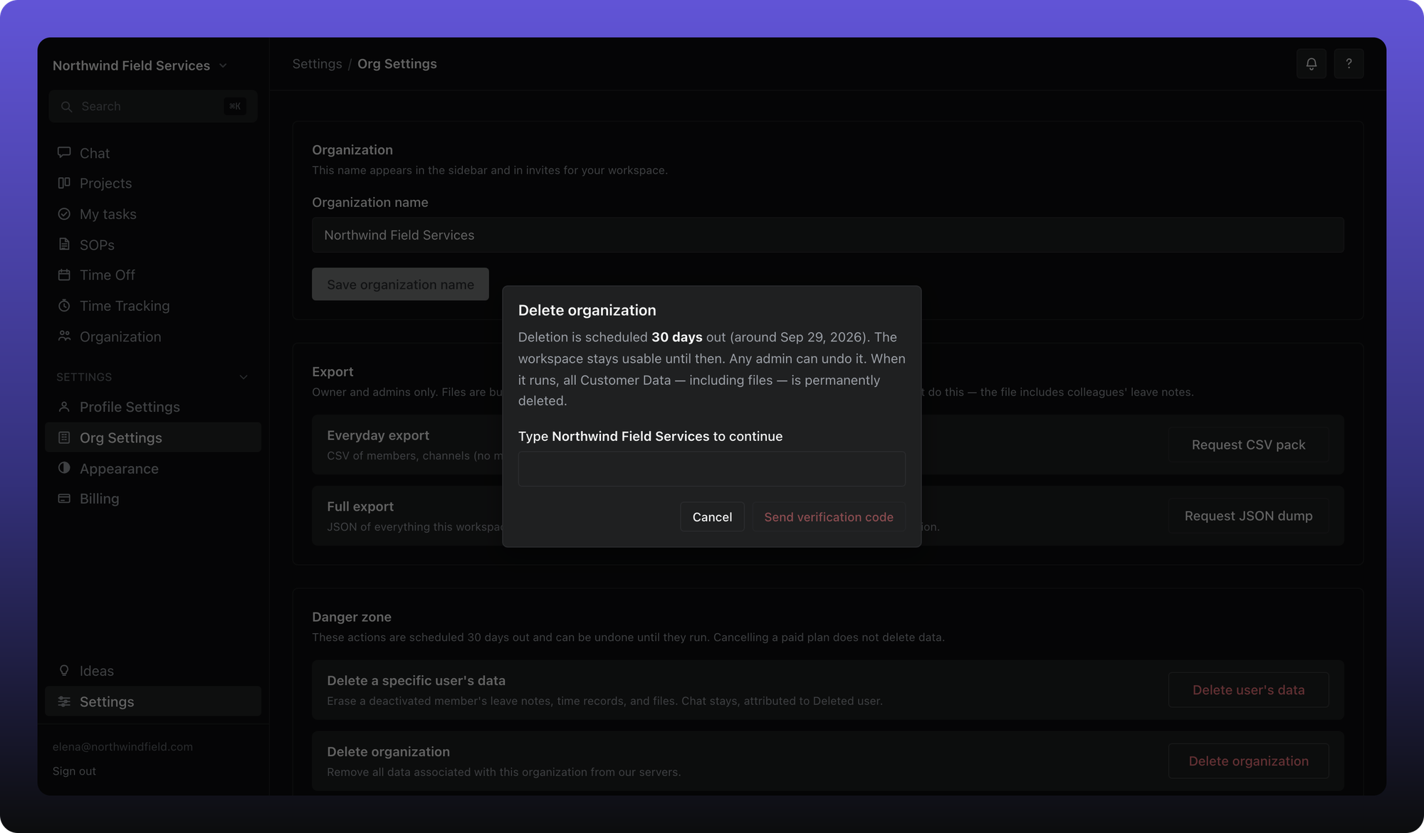 Delete organization dialog explaining 30-day scheduled deletion