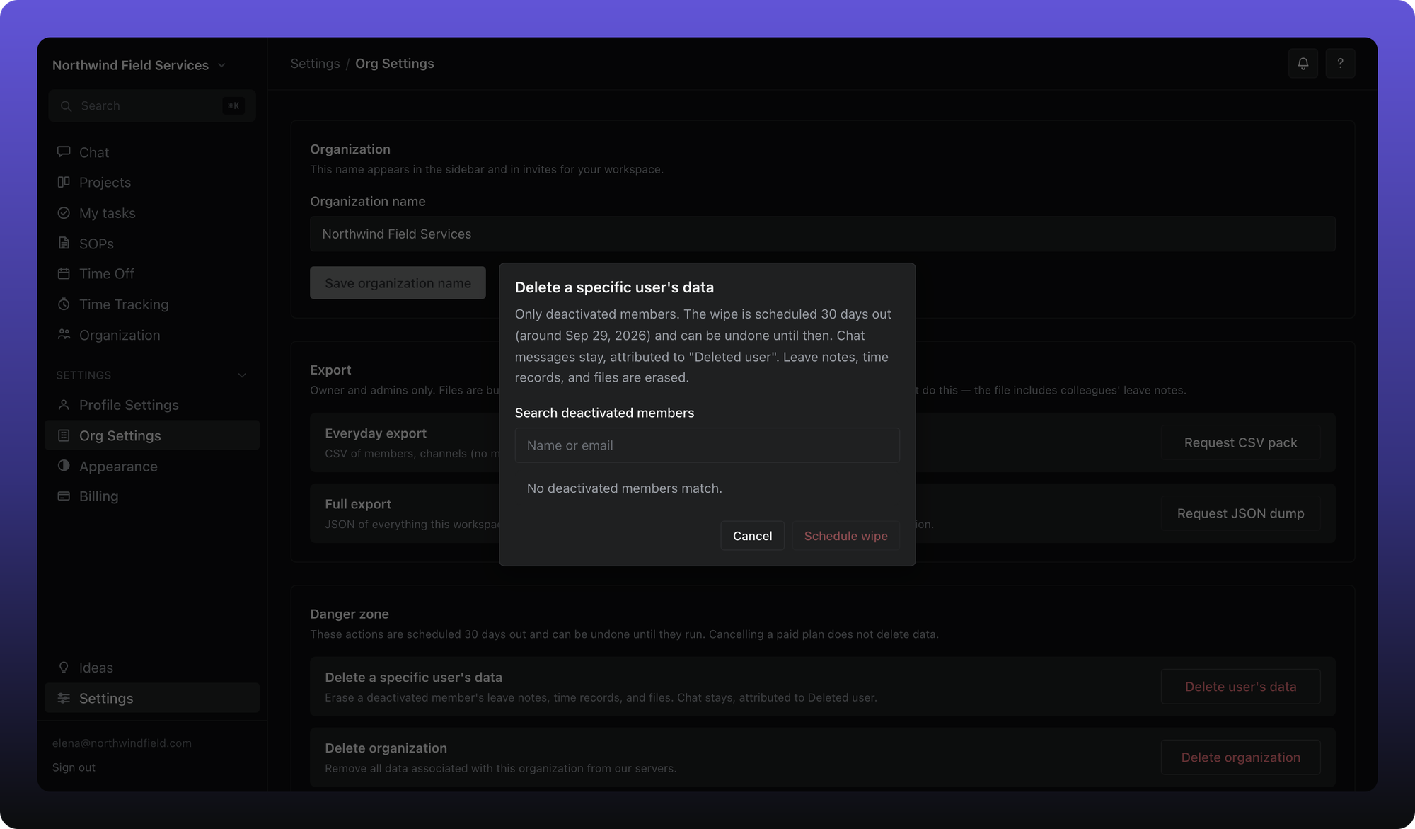 Delete a specific user's data dialog with 30-day schedule and member search