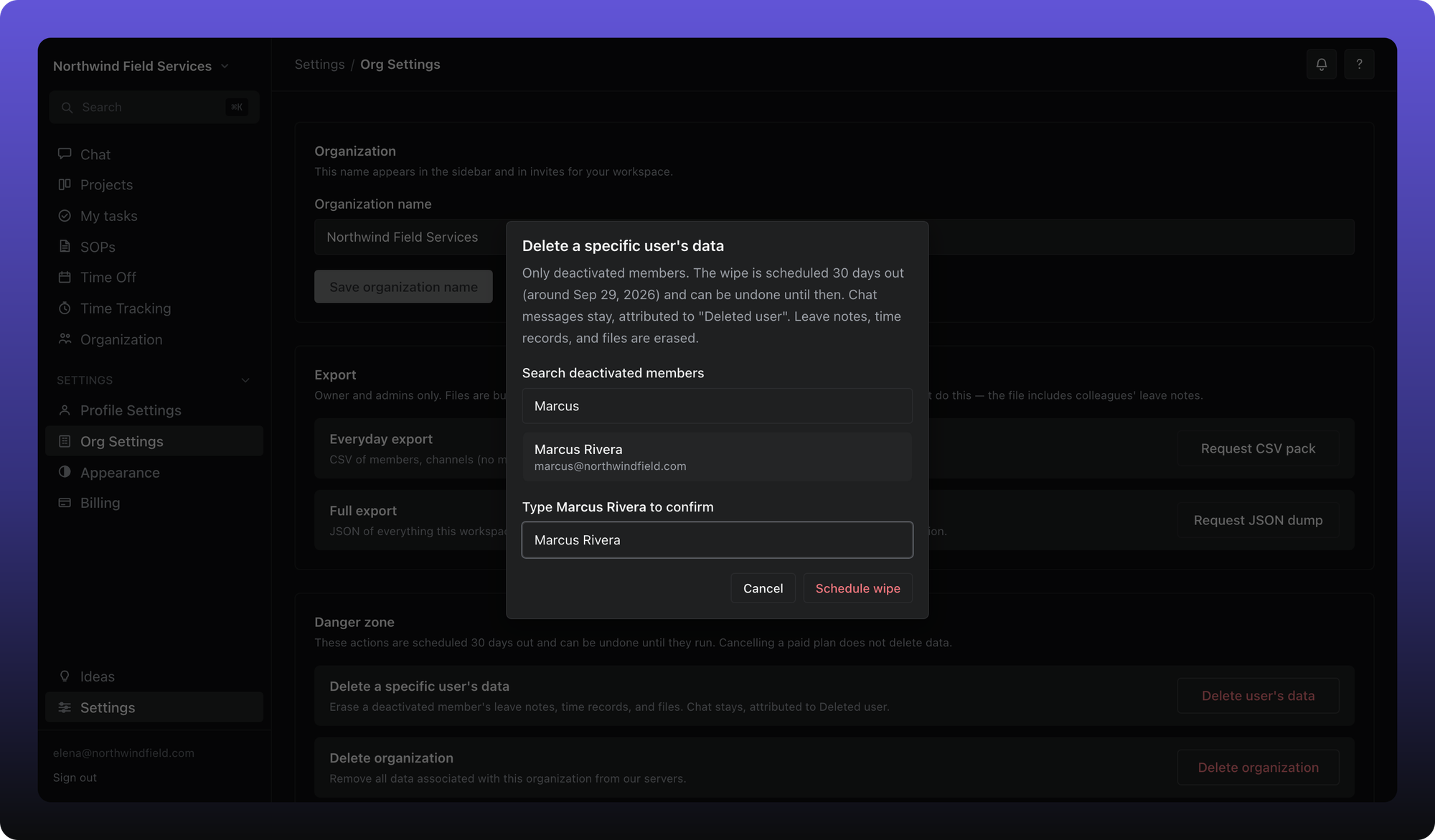 Delete a specific user's data dialog with Marcus Rivera selected and Schedule wipe visible